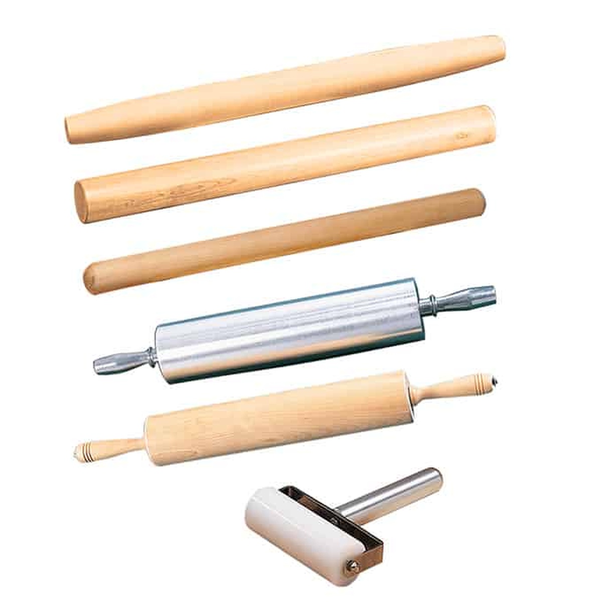 American Metalcraft PR18 rolling pin assortment including tapered wooden pins, handled wooden rolling pin, aluminum rolling pin, and compact nylon roller