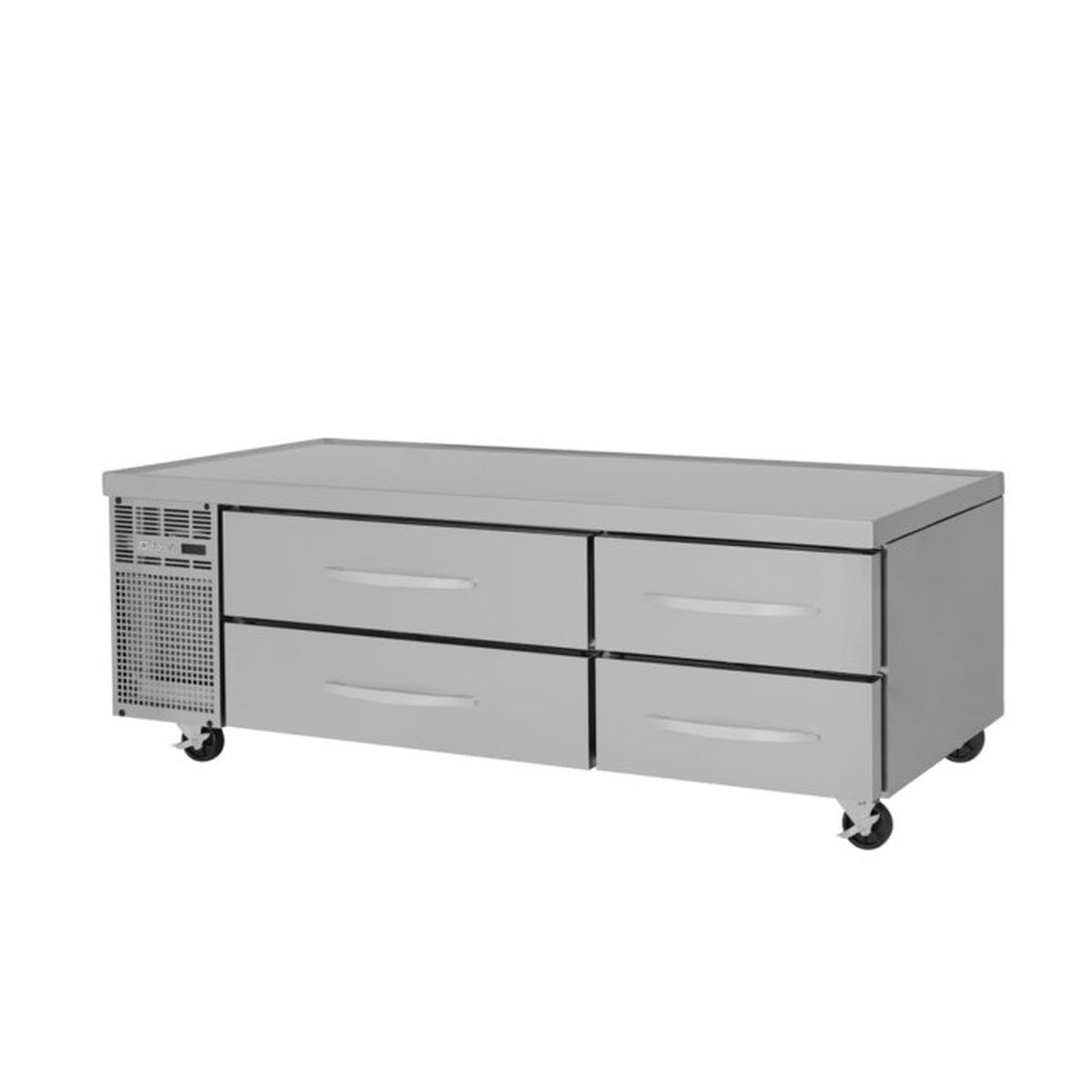 Turbo Air PRCBE-72R-N 72-inch refrigerated chef base with four stainless steel drawers and side-mounted condenser unit on casters