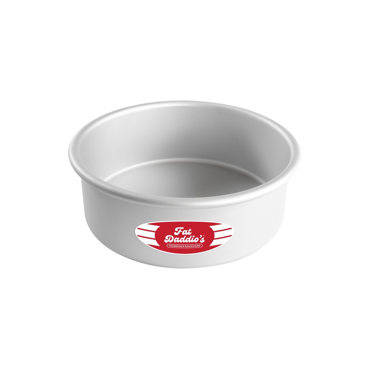 Fat Daddio's ProSeries anodized aluminum round cake pan with rolled rim and Fat Daddio's label on exterior