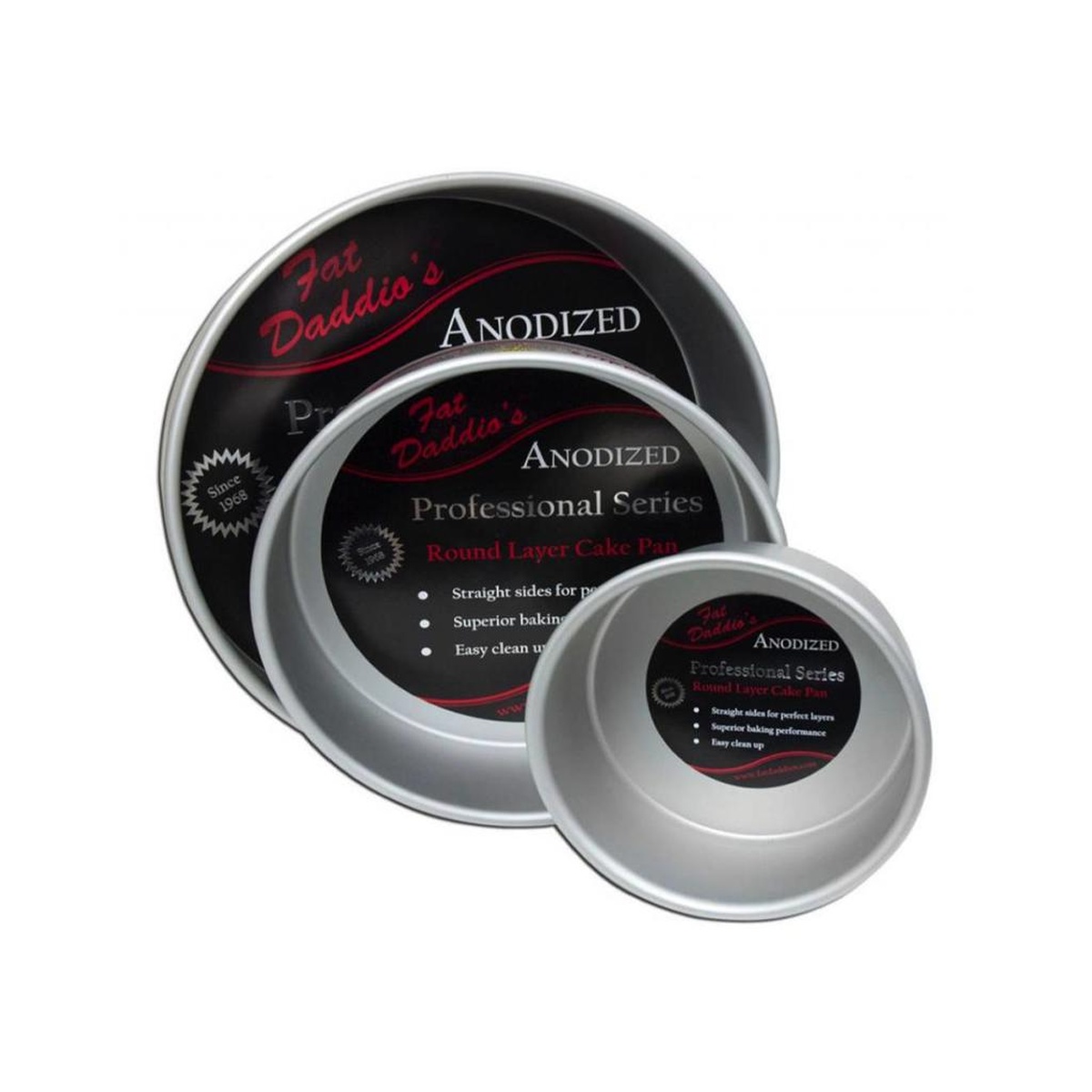 Fat Daddio's Professional Series anodized aluminum round cake pans in three sizes stacked together showing brand label