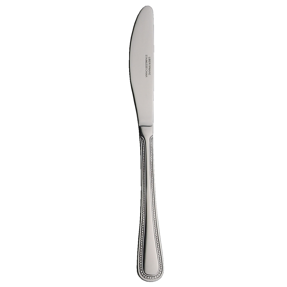 Libertyware Primrose Dinner Knife with beaded handle detail and serrated blade, mirror polished stainless steel