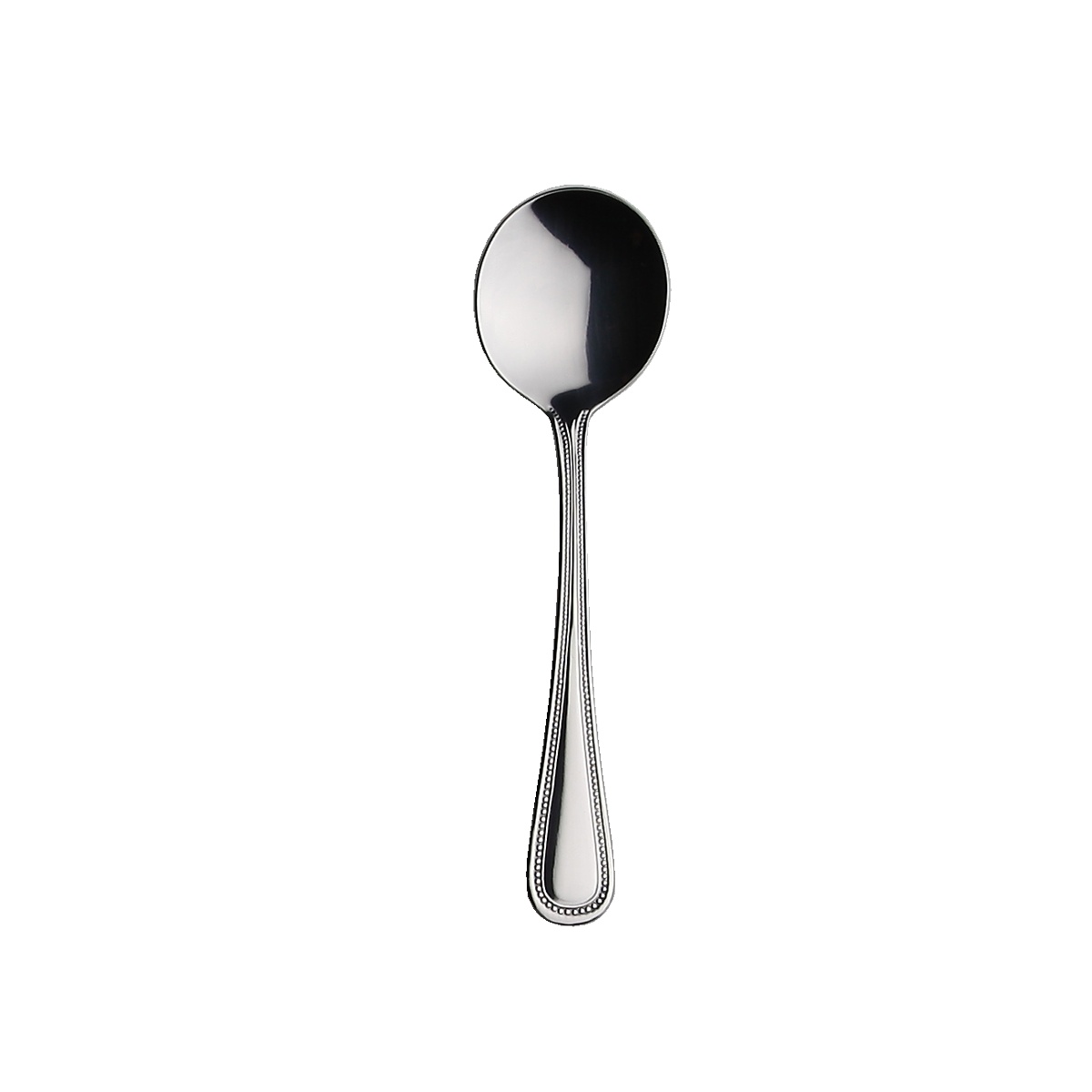 Libertyware Primrose bouillon spoon with beaded-edge handle and mirror-polished round bowl