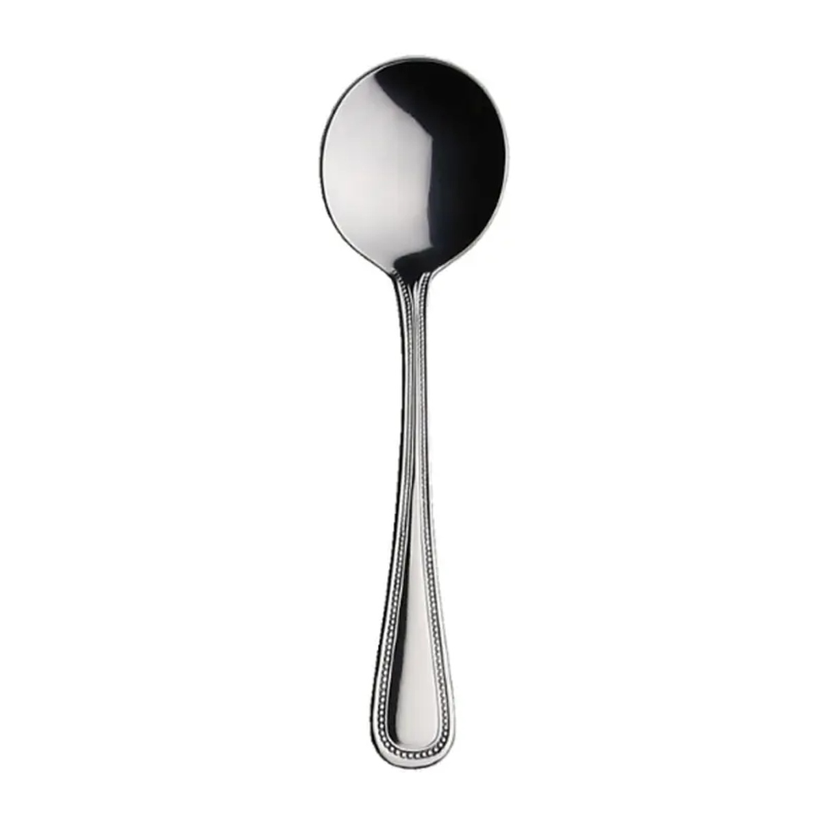 Libertyware Primrose PRM5 bouillon spoon with beaded handle detail and round bowl in mirror-polished 18/0 stainless steel