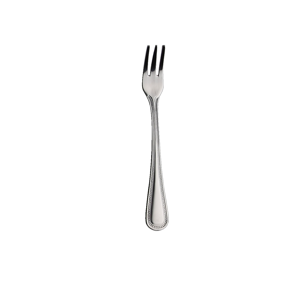Libertyware Primrose cocktail fork showing beaded handle detail and three-tine head in mirror polished stainless steel