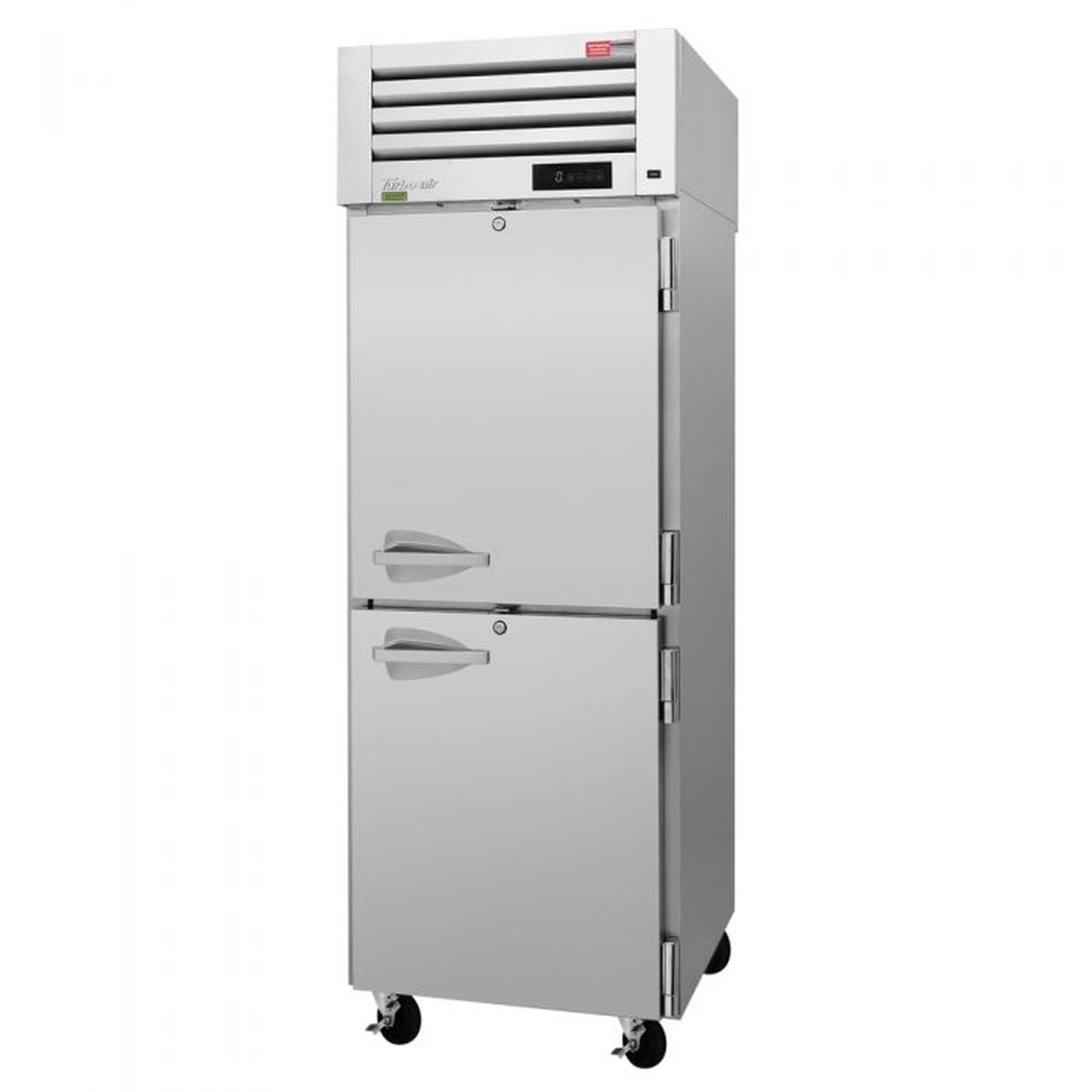 Turbo Air PRO-26-2F-N-L one-section reach-in freezer with two half solid stainless steel doors and top-mounted compressor on casters