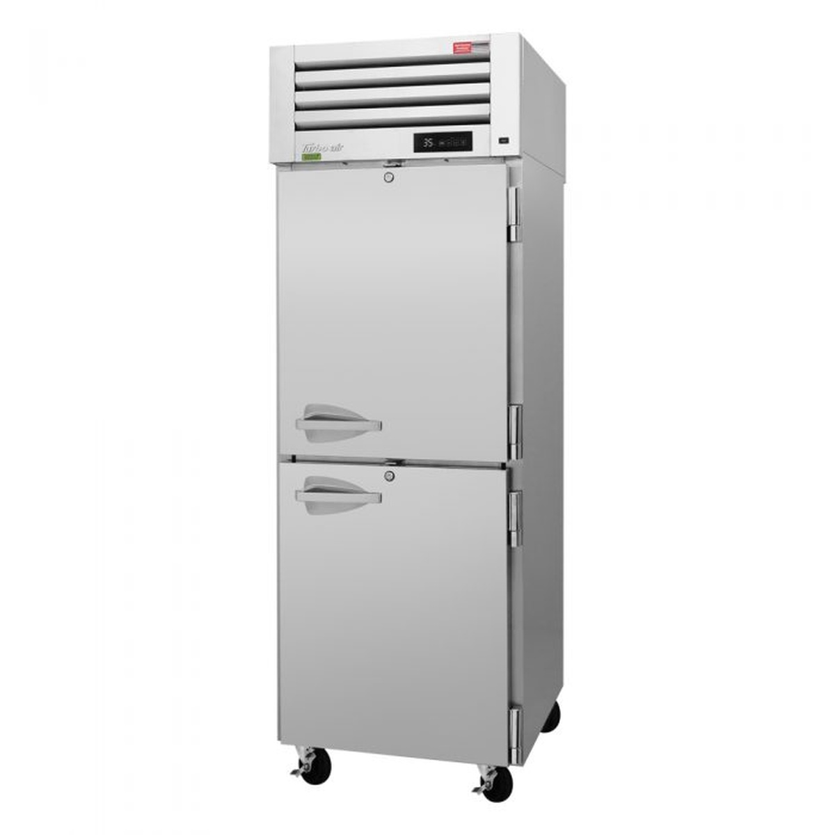 Turbo Air PRO-26-2R-PT-N pass-thru solid door refrigerator with top-mount compressor, two stainless steel half doors on the front, digital display, and swivel casters