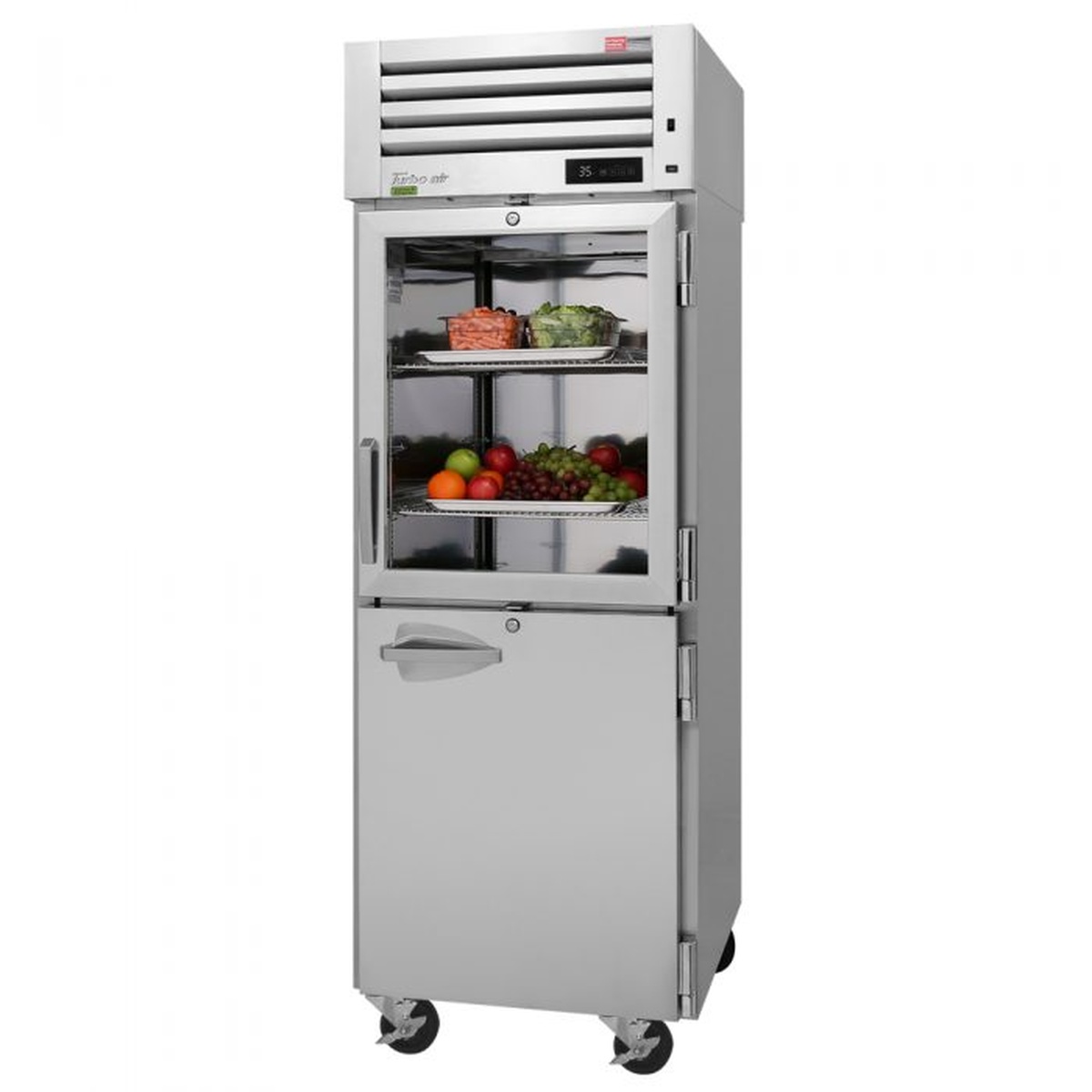 Turbo Air PRO-26R-GSH-N reach-in refrigerator with upper glass half-door and lower solid half-door on casters