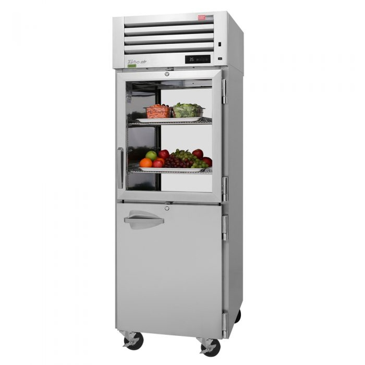 Turbo Air PRO-26R-GSH-PT-N pass-thru refrigerator showing glass and solid combination half-doors with stainless steel exterior and top-mount compressor