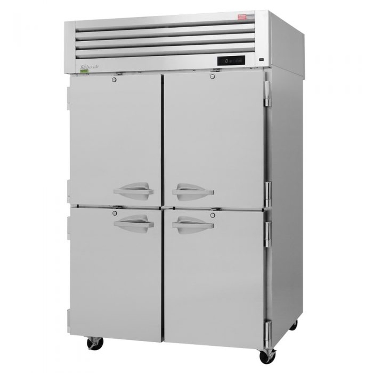 Turbo Air PRO-50-4F-N two-section reach-in freezer with four half solid stainless steel doors and top-mounted compressor on casters