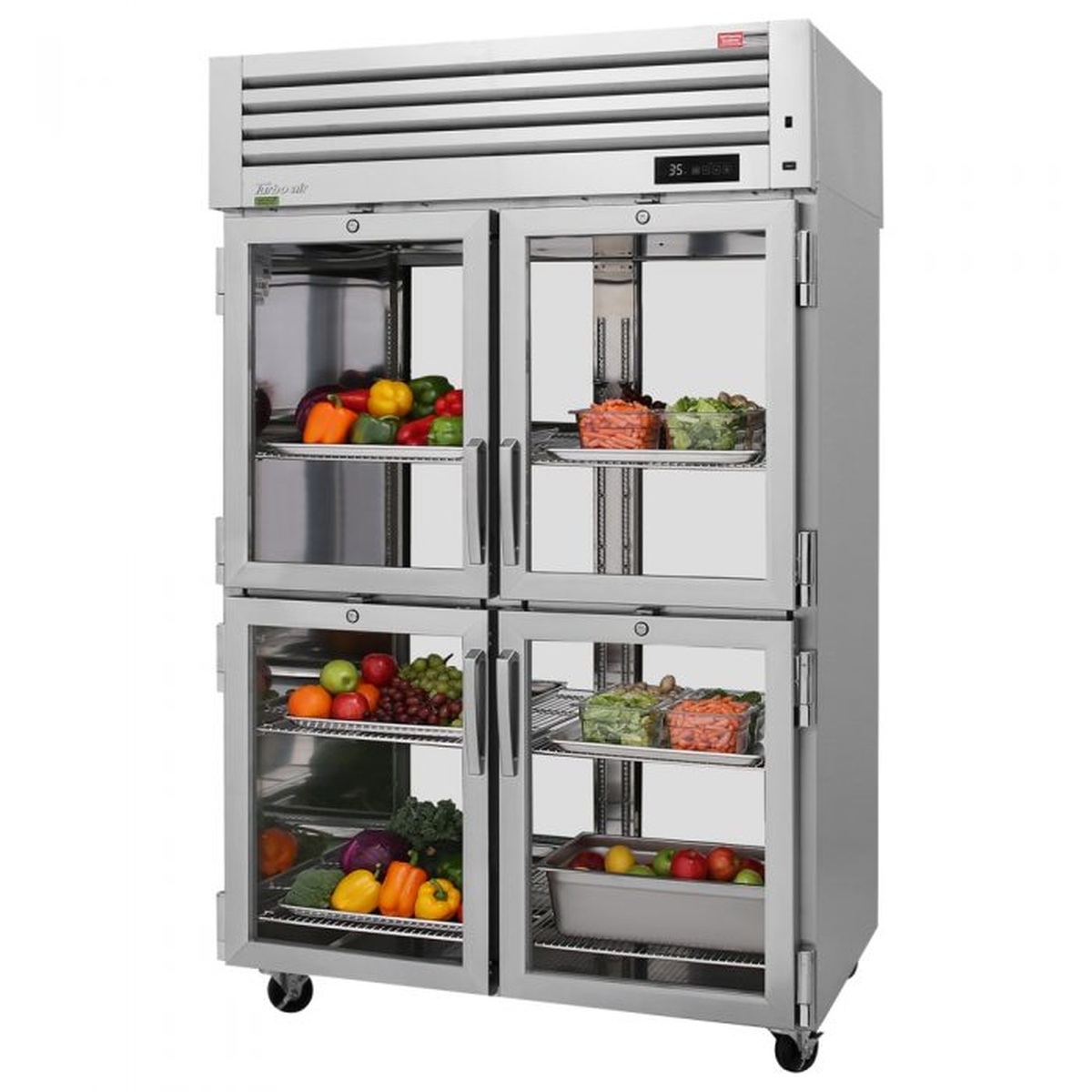 Turbo Air PRO-50-4R-G-PT-N two-section pass-thru refrigerator with 8 half glass doors and stainless steel interior