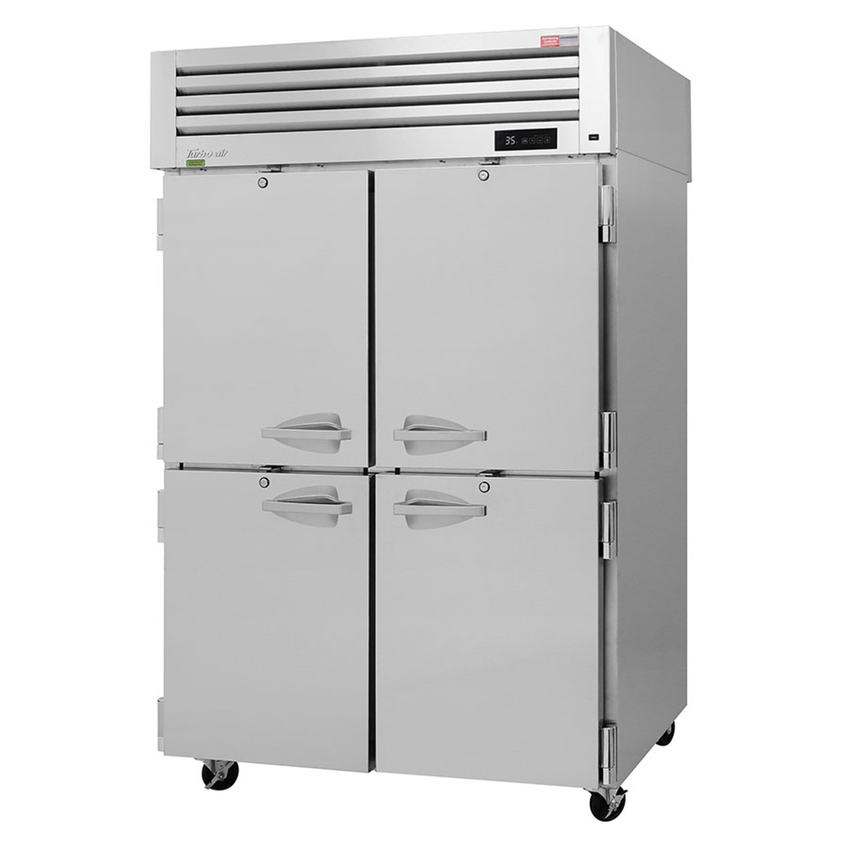 Turbo Air PRO-50-4R-N two-section reach-in refrigerator with four solid stainless steel half doors and top-mount compressor