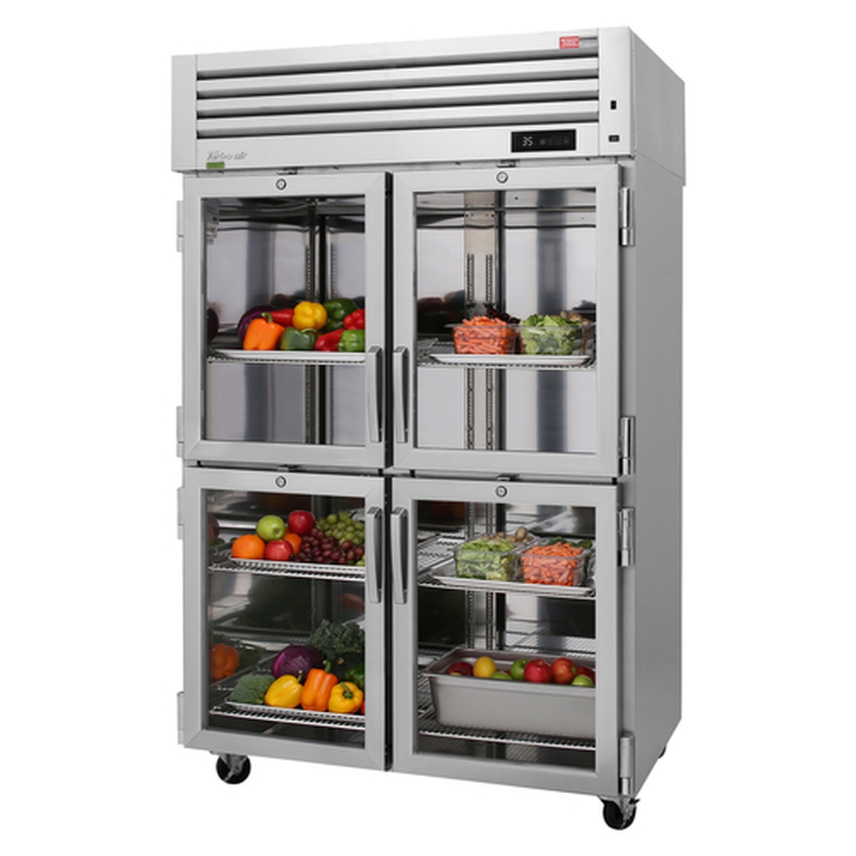 Turbo Air PRO-50-4R-N reach-in refrigerator interior showing six stainless steel wire shelves loaded with fresh produce