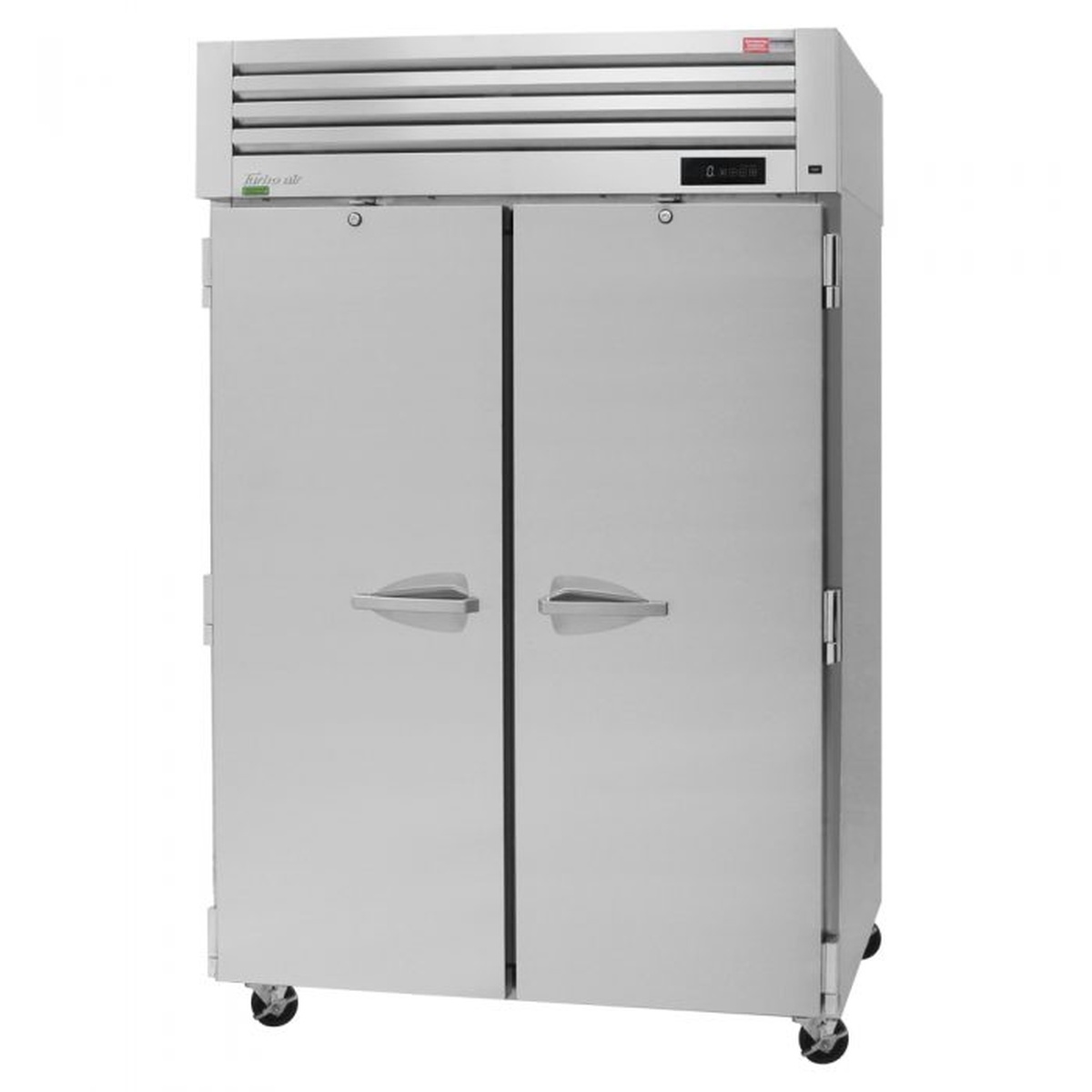Turbo Air PRO-50F-N two-section solid stainless steel door reach-in freezer with top-mount compressor and casters