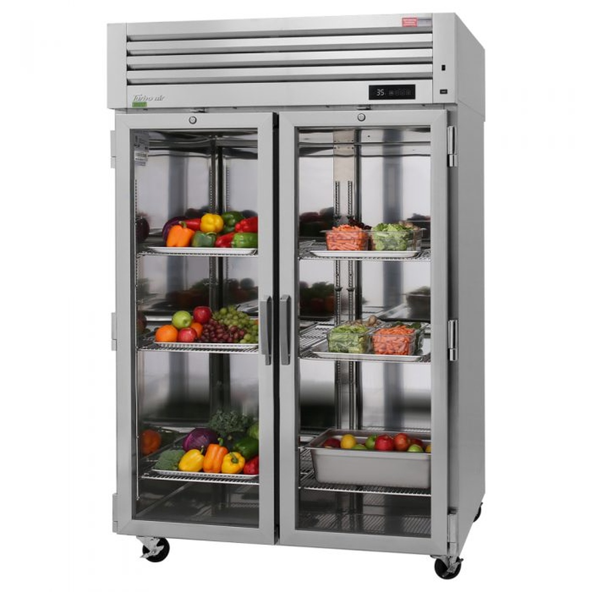 Turbo Air PRO-50R-G-N two-section reach-in refrigerator with glass doors showing stainless steel shelves stocked with fresh produce