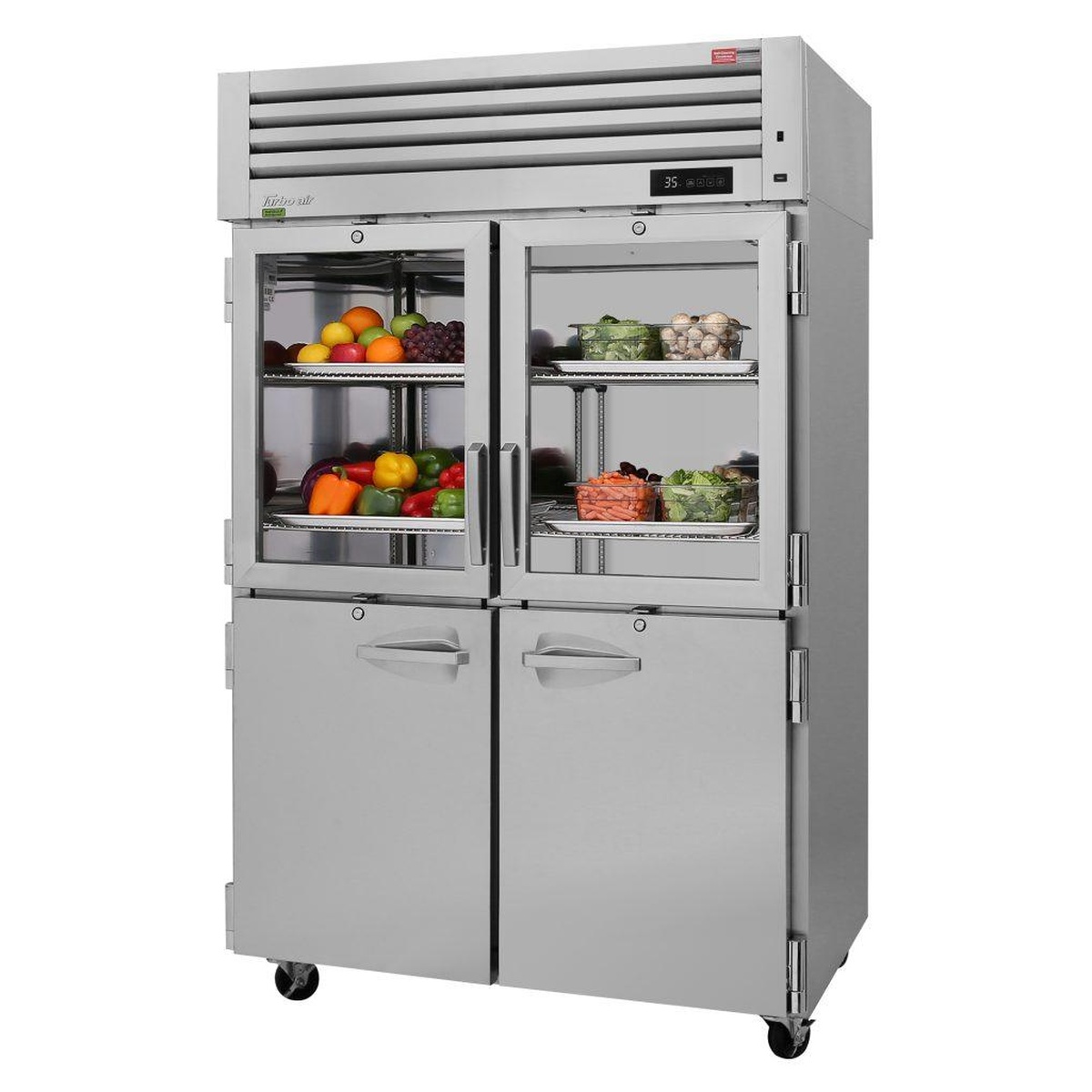 Turbo Air PRO-50R-GSH-N two-section reach-in refrigerator with upper glass half doors displaying fresh produce and lower solid half doors