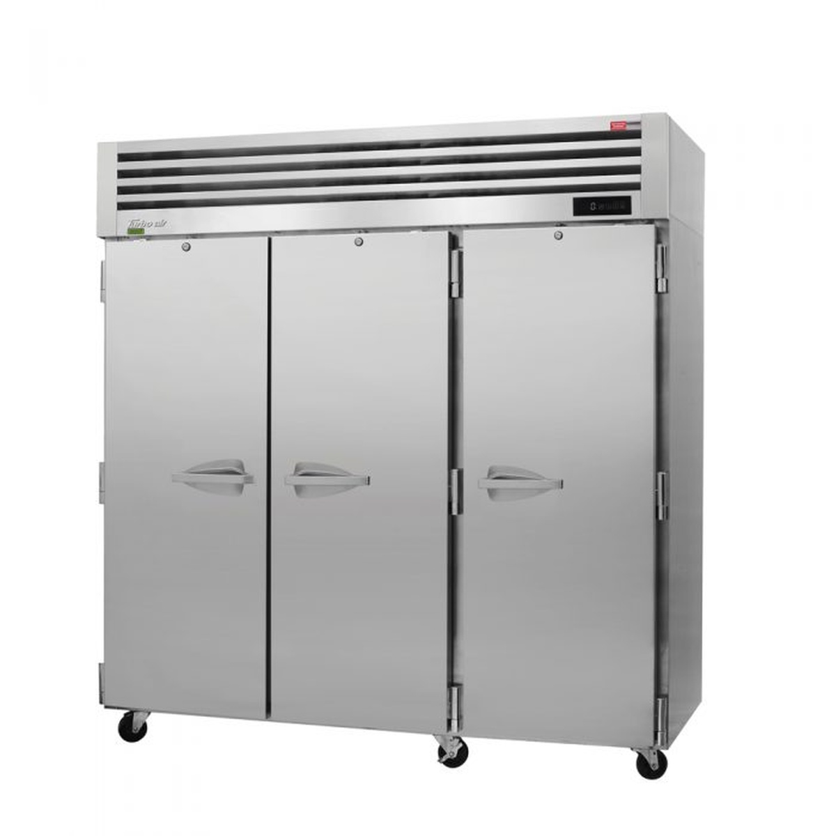 Turbo Air PRO-77F-N three-section stainless steel solid door reach-in freezer with top-mounted compressor on casters