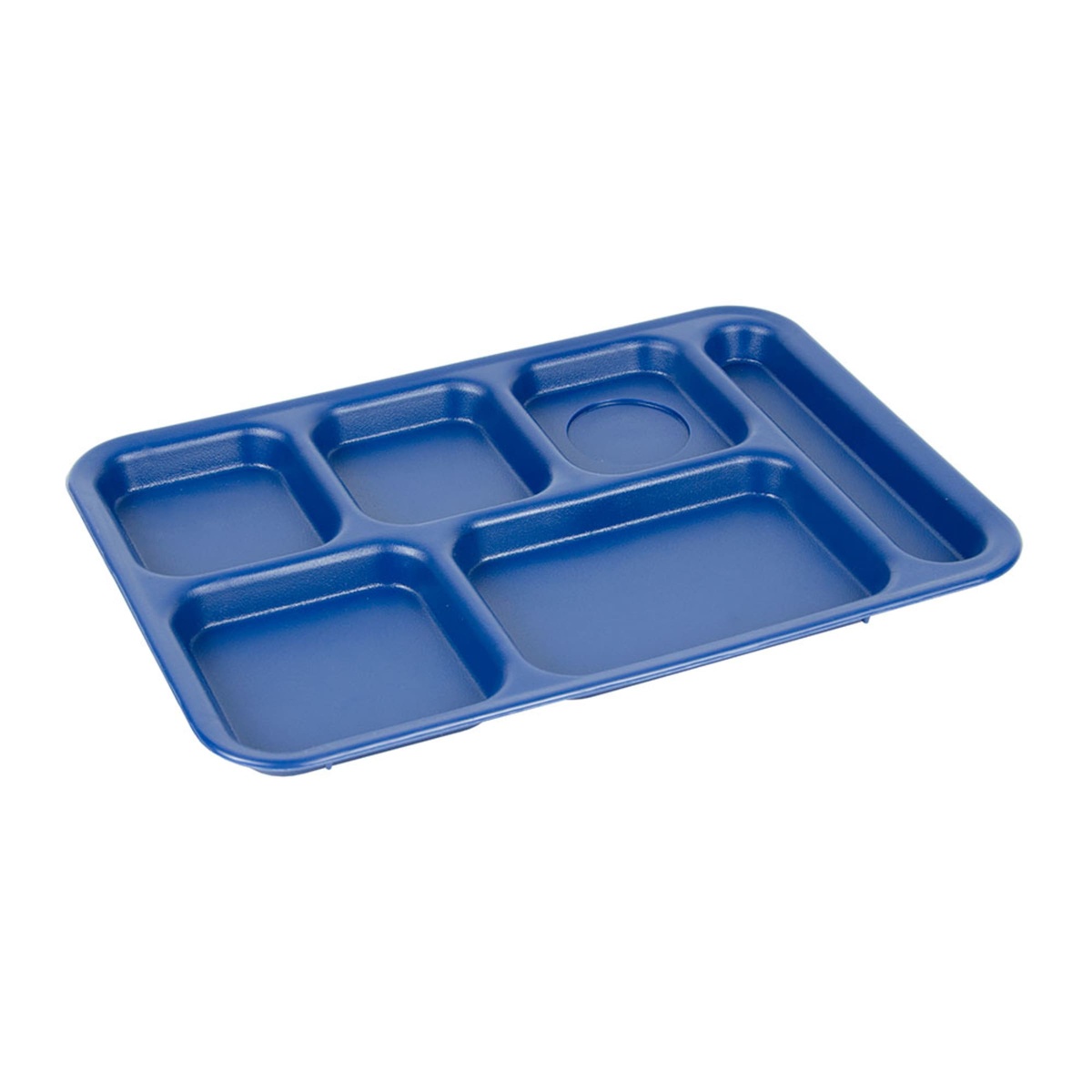 Cambro PS1014186 navy blue 6-compartment tray viewed from an angle showing depth and compartment walls