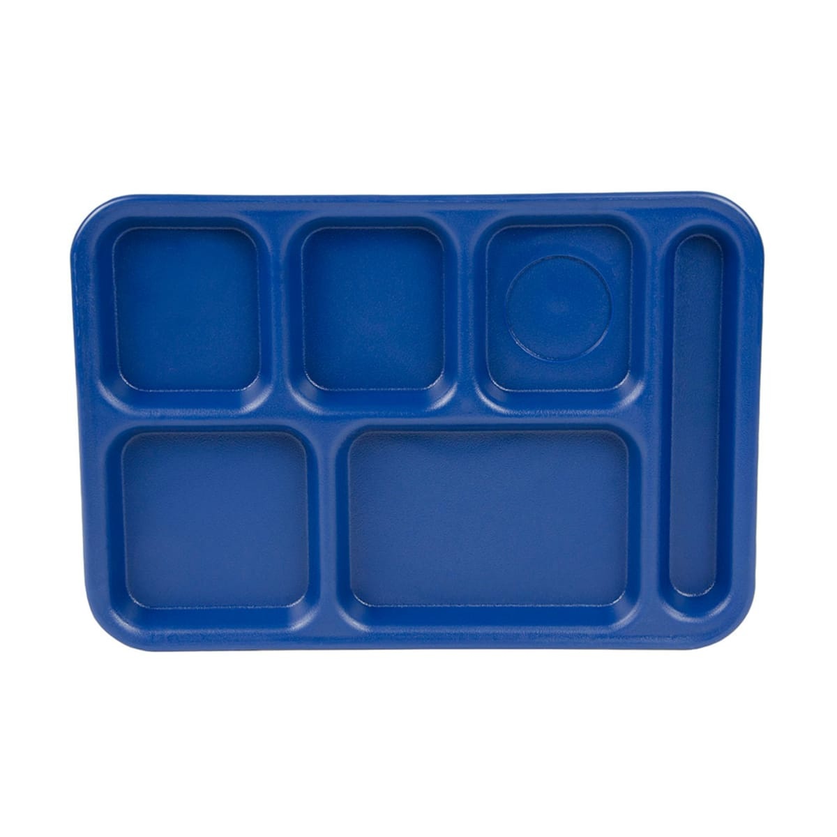 Cambro PS1014186 navy blue 6-compartment school tray, top-down view showing five food compartments and one utensil slot