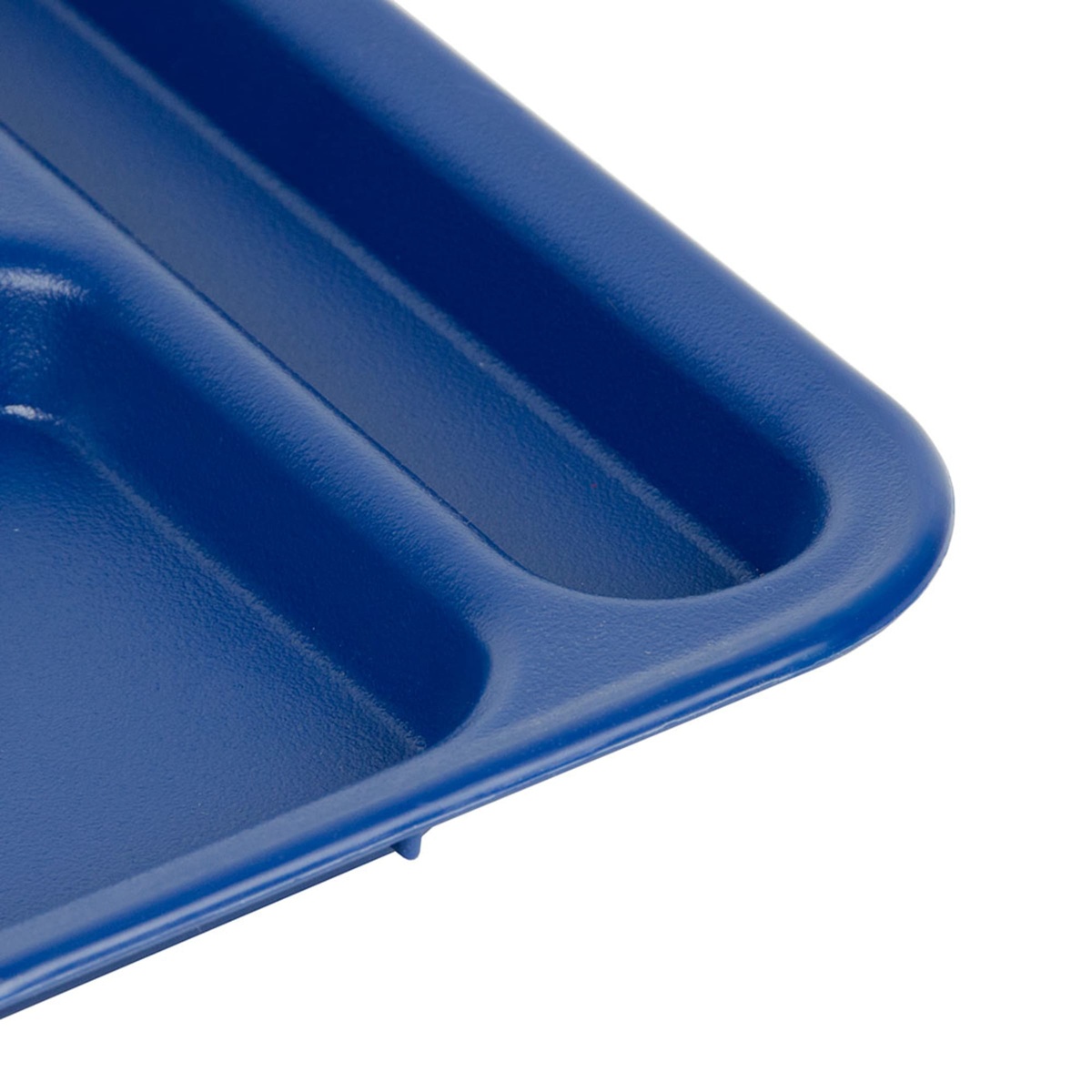 Close-up detail of the Cambro PS1014186 navy blue tray corner showing textured surface and utensil compartment groove