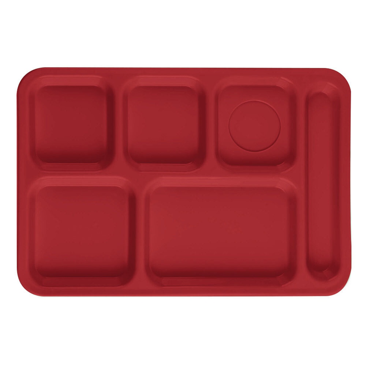 Cambro PS1014416 Penny-Saver cranberry 6-compartment rectangular serving tray, top view showing five food sections and one flatware slot