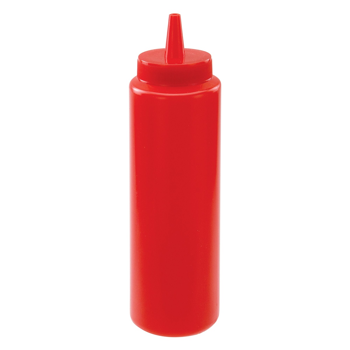 Winco PSB-08R 8 oz red plastic squeeze bottle with open tip cap on white background