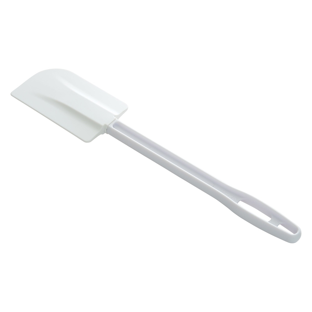 Winco PSC-14 white plastic scraper, side-angle view highlighting flat blade profile