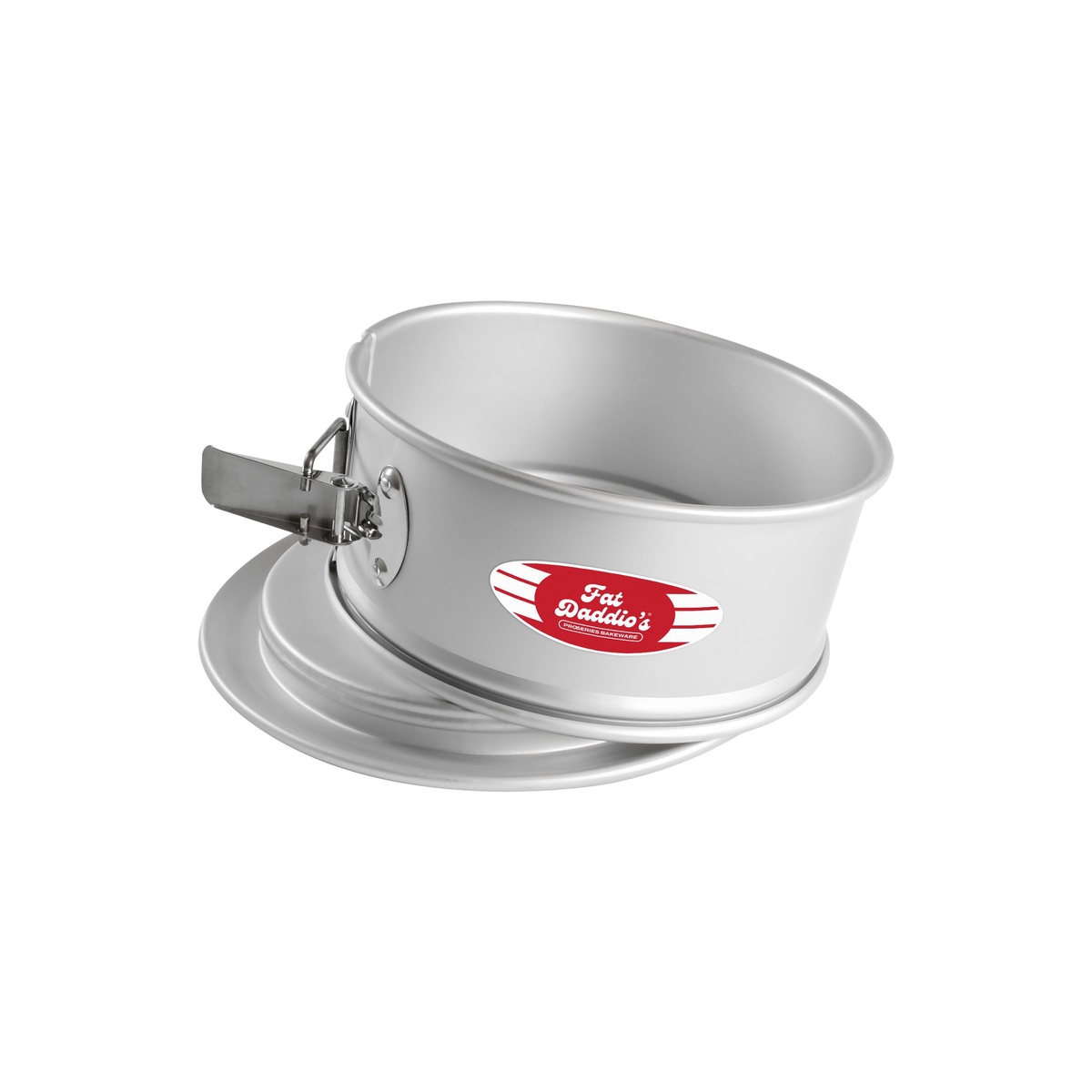 Fat Daddio's anodized aluminum springform pan with removable base and springform latch, shown separated on white background