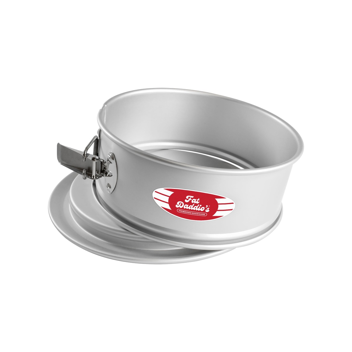 Fat Daddio's larger springform pan shown with collar partially separated from the base, silver anodized finish on white background