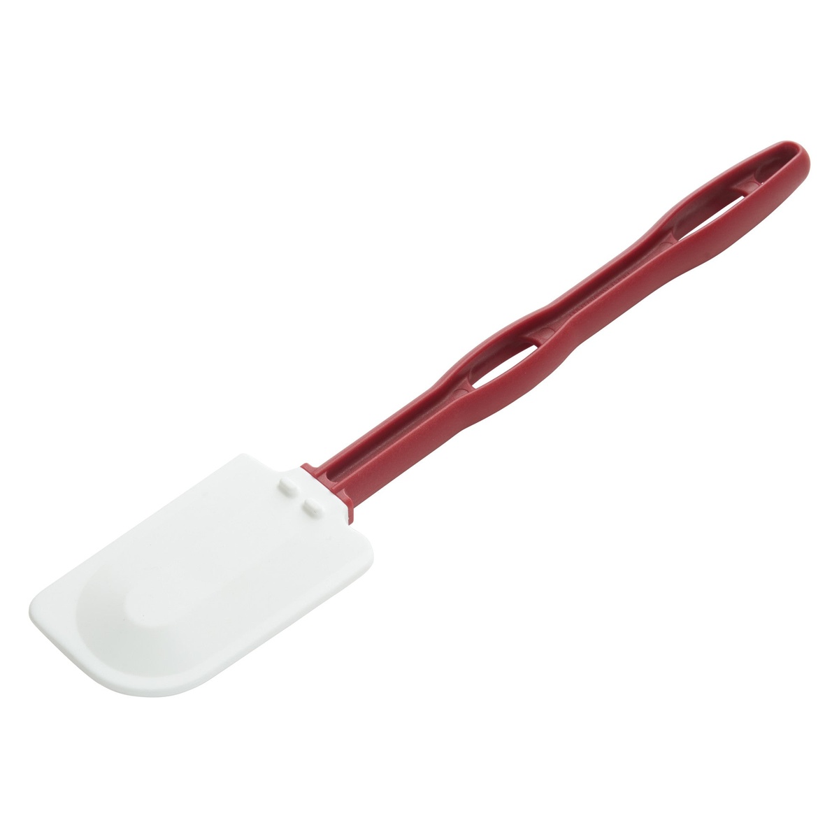 Winco PSH-14 silicone scraper side view showing the flat white blade profile and ergonomic red handle with open slots