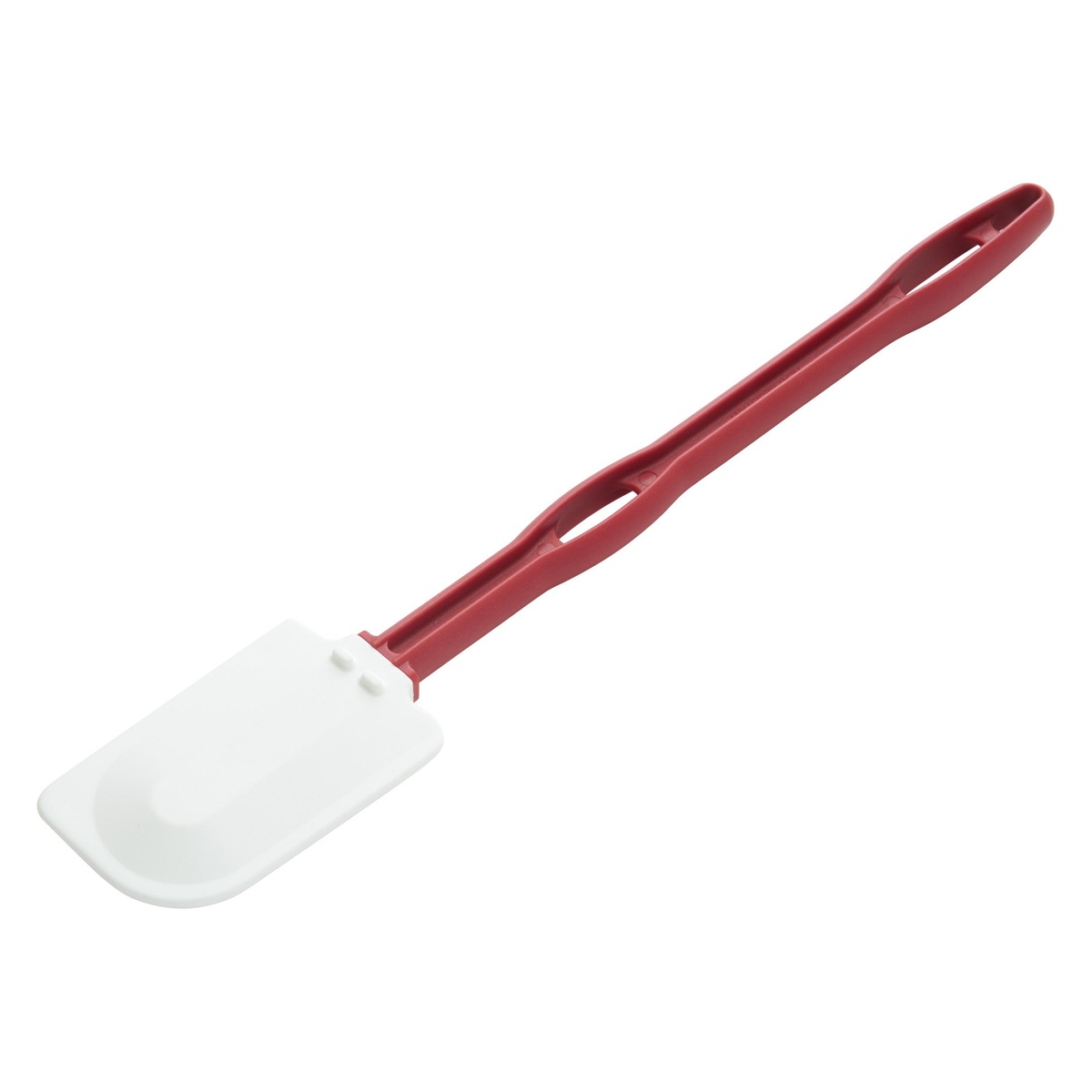 Winco PSH-16 silicone scraper angled view showing underside of white flat blade and open red nylon handle loop