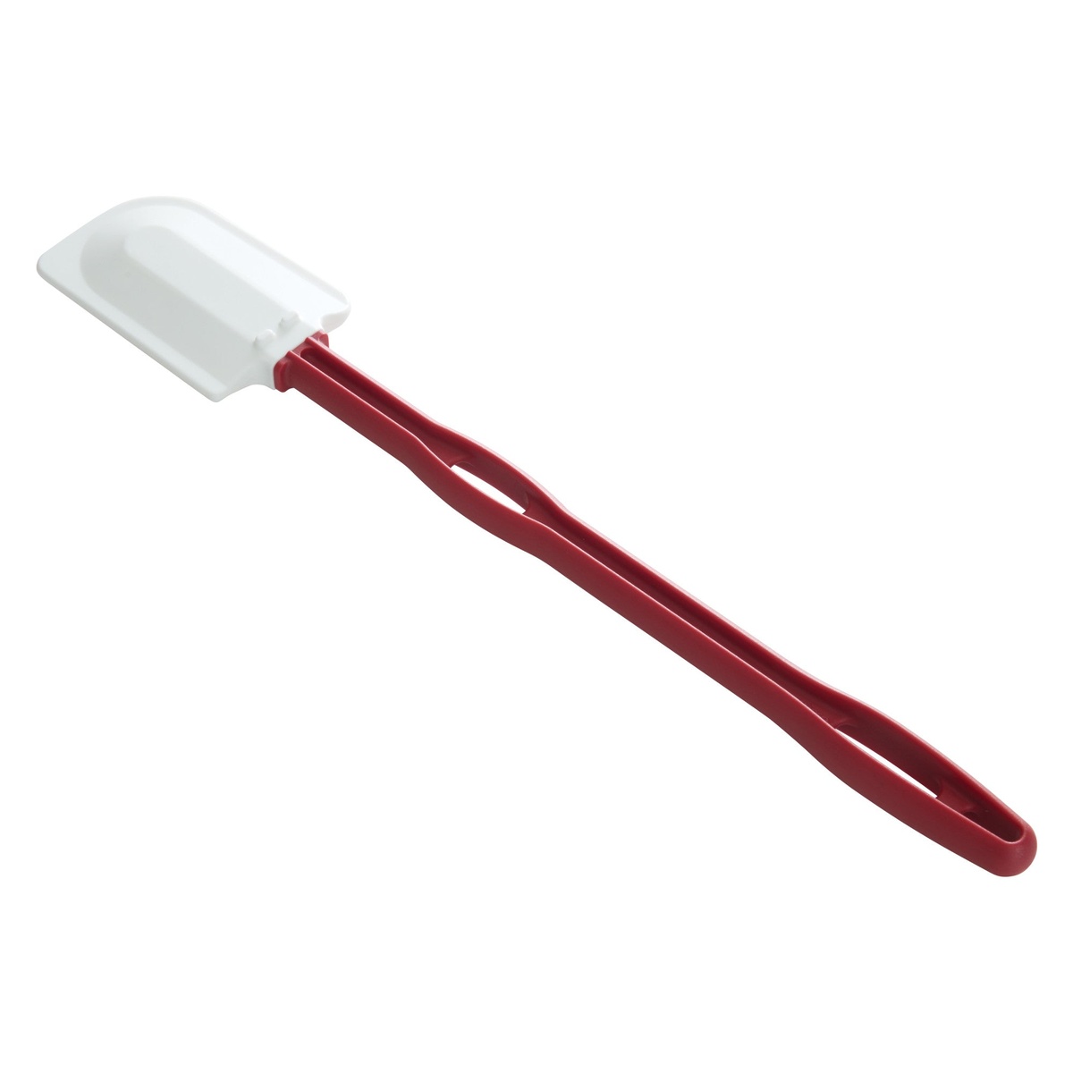Winco PSH-16 silicone scraper angled side view showing profile of white blade and red nylon handle