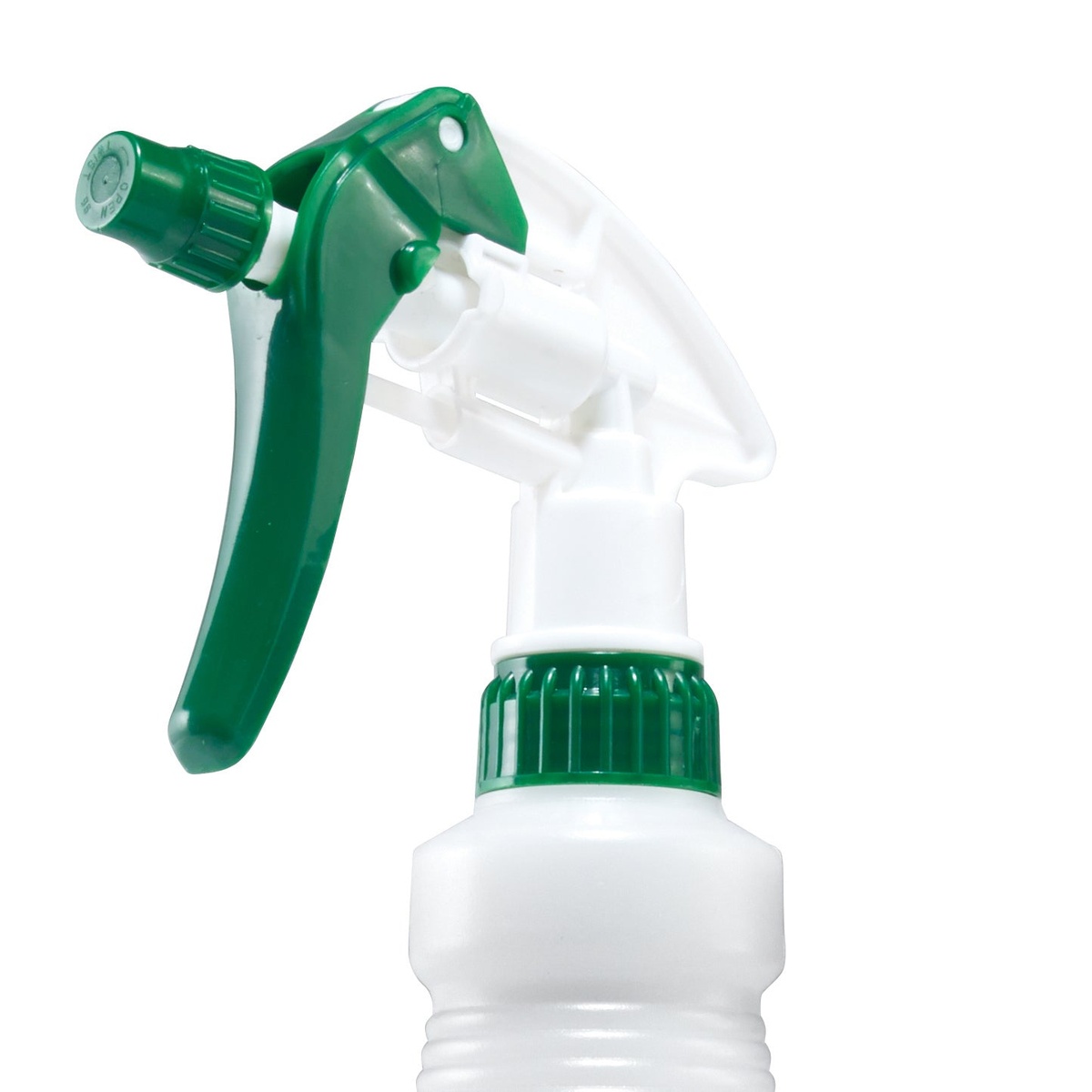 Close-up of the adjustable green and white trigger spray nozzle on the Winco PSR-9 bottle