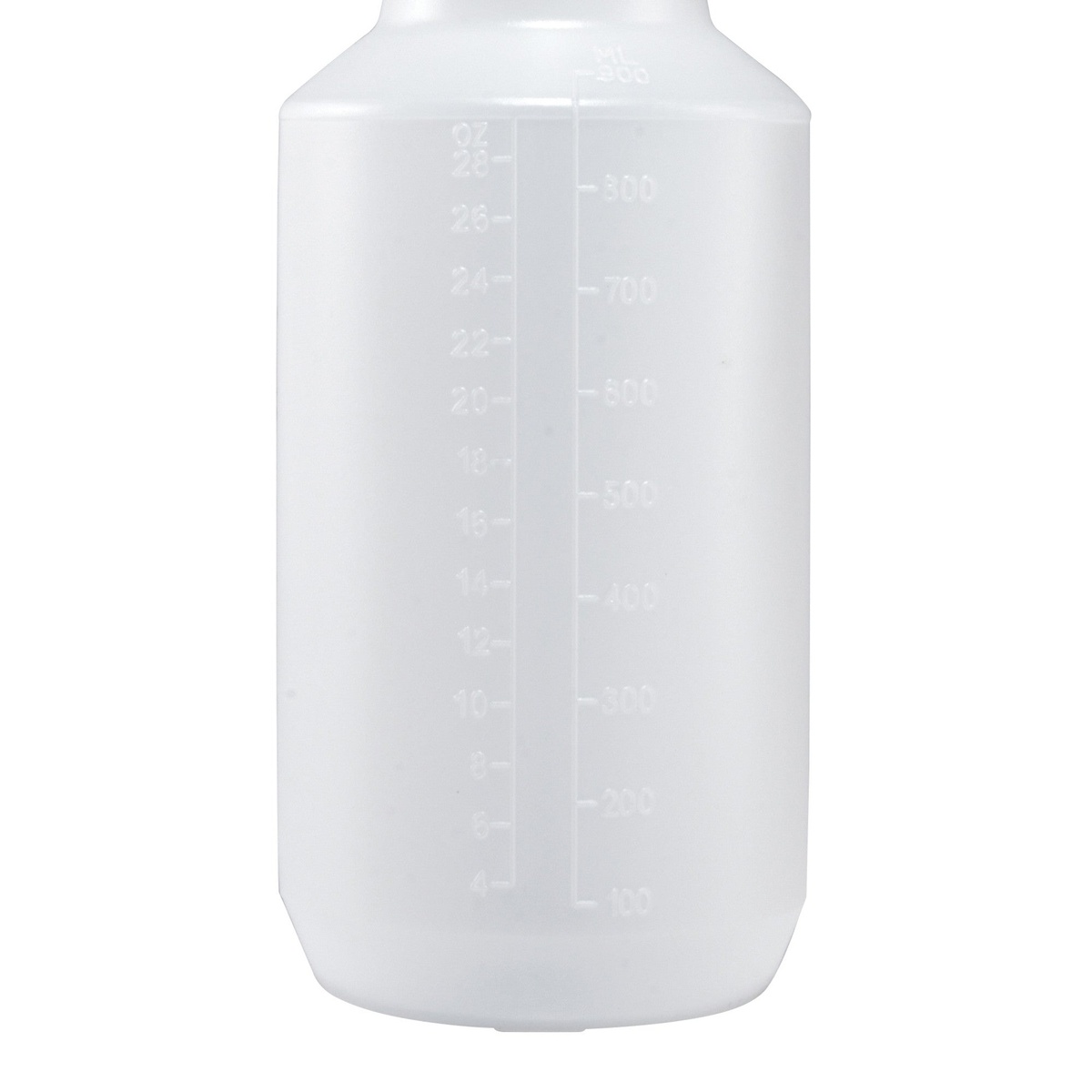 Close-up of the easy-read graduation marks on the Winco PSR-9 spray bottle showing oz and ml measurements