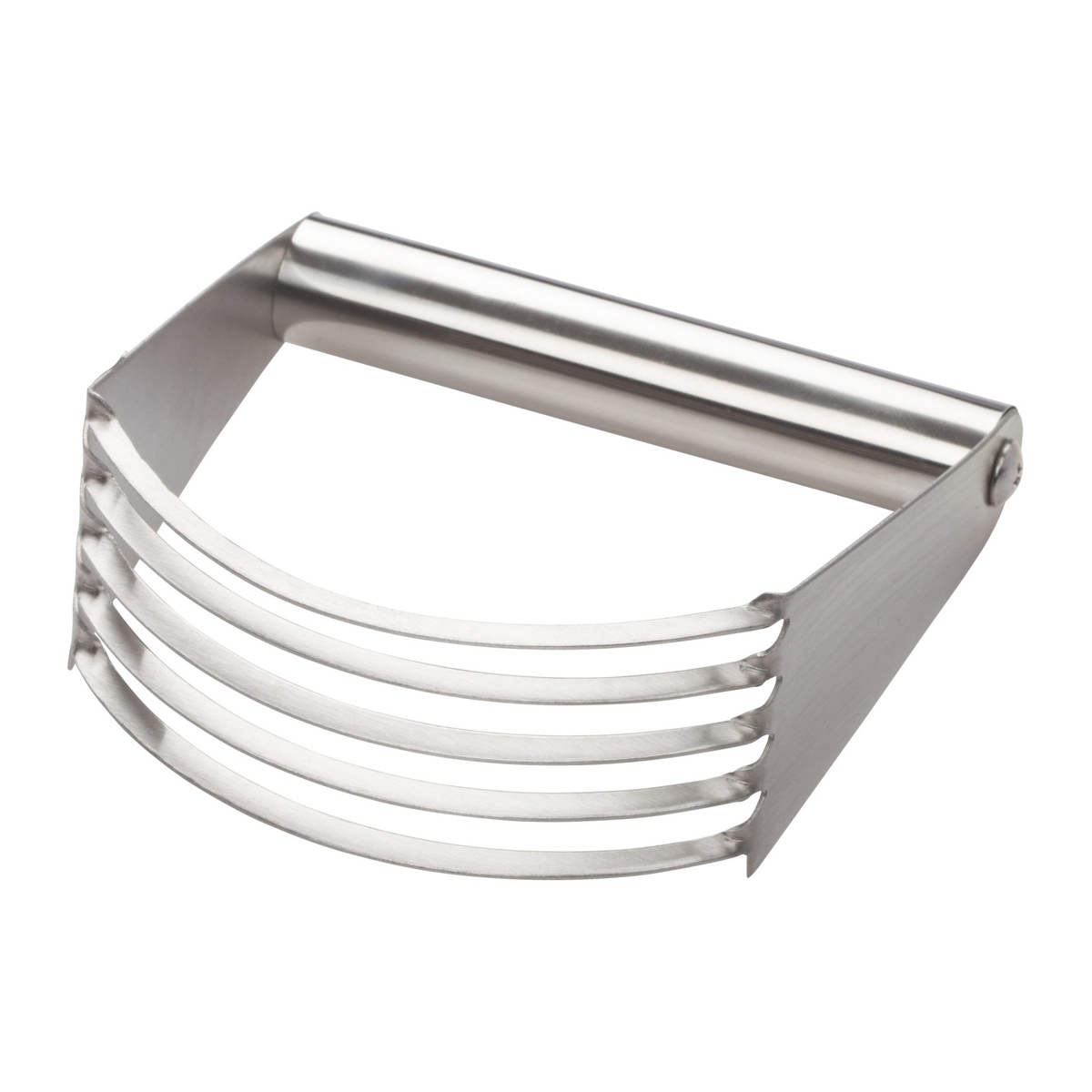 Winco PST-5B stainless steel pastry blender with five curved blades and tubular handle on white background