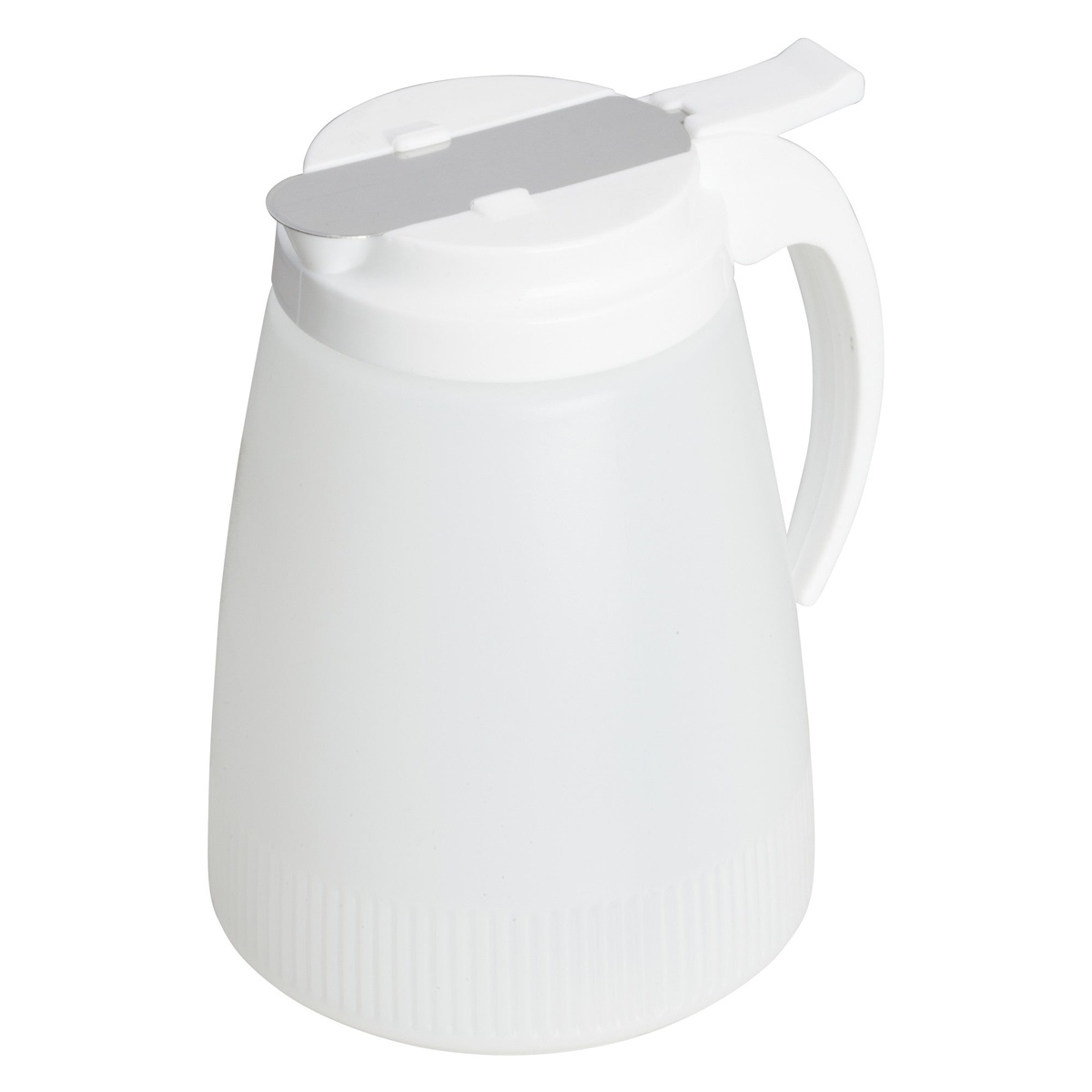 Winco PSUD-32 white plastic 32 oz syrup dispenser with slide-on stainless steel cover and large handle