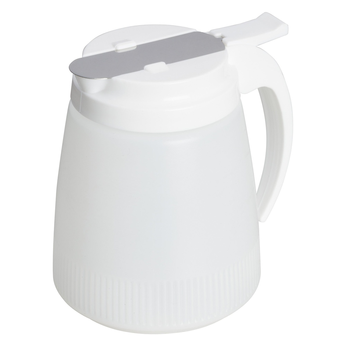 Winco PSUD-48 white plastic 48 oz syrup dispenser with stainless steel slide lid and side handle