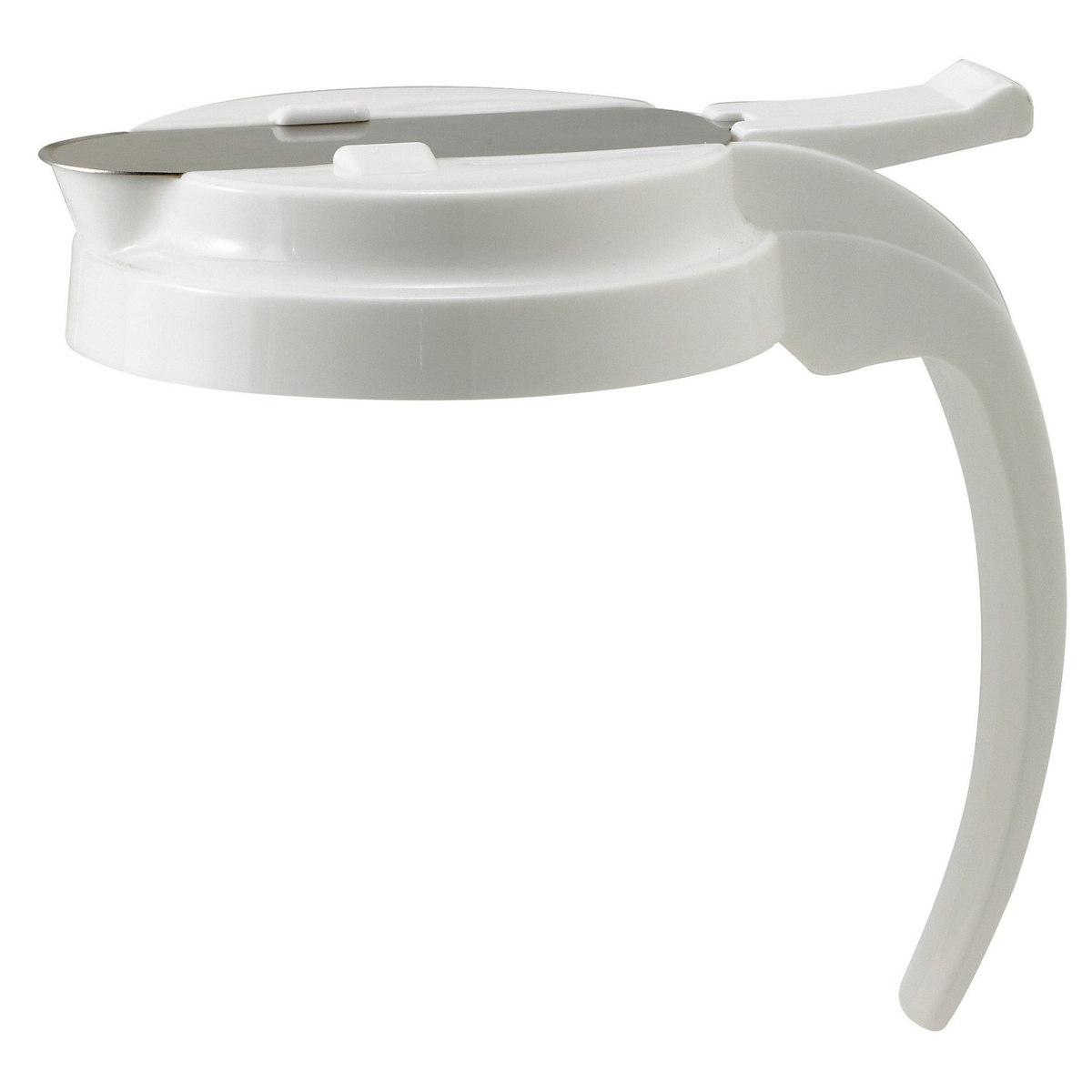 Winco PSUD-WLID white plastic syrup dispenser lid with stainless steel sliding cover and integrated handle