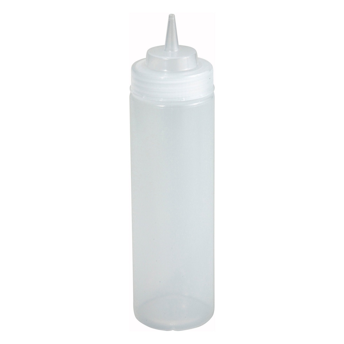 Winco PSW-12 12 oz clear plastic wide mouth squeeze bottle with pointed tip cap