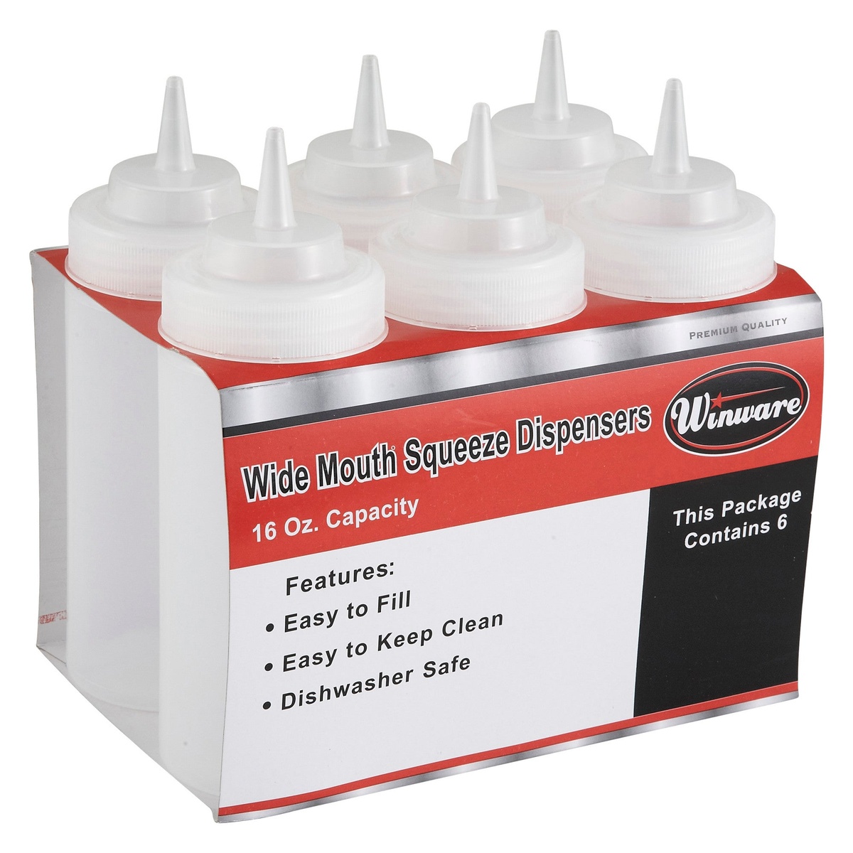 Six-pack of Winco wide mouth squeeze dispensers in retail packaging