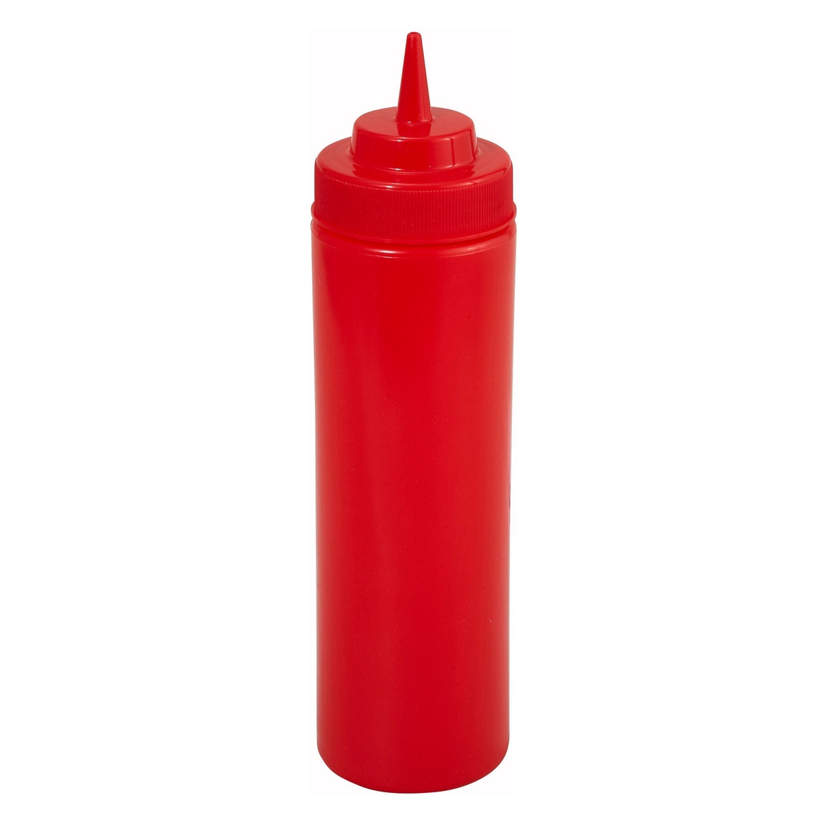 Winco PSW-16R 16 oz red wide-mouth plastic squeeze bottle with pointed tip cap