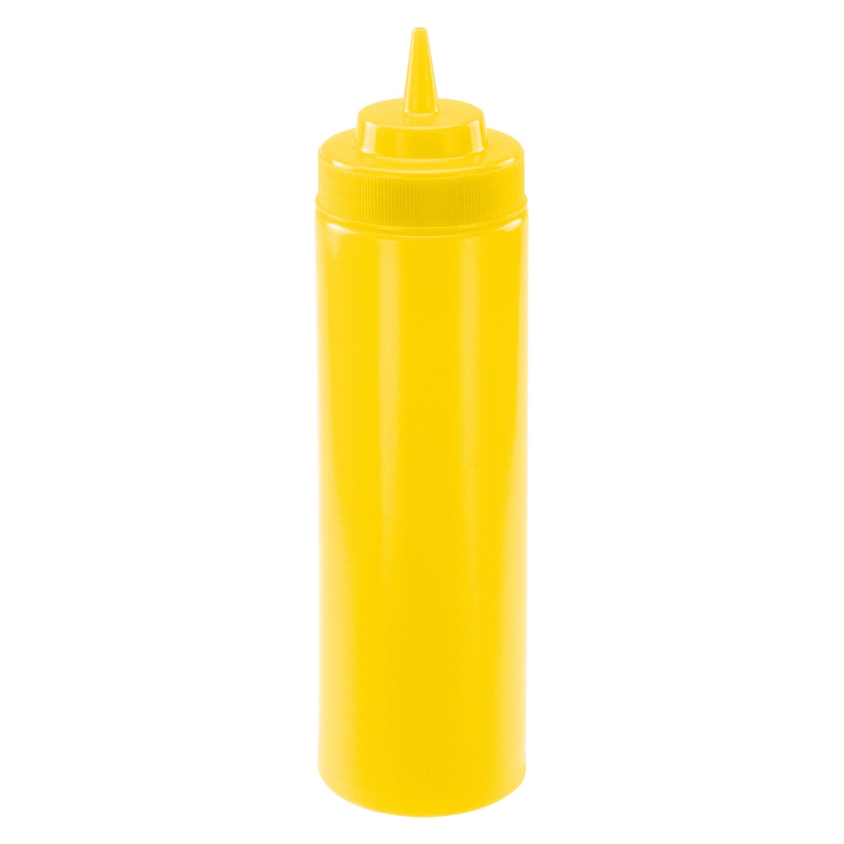 Winco PSW-24Y 24 oz yellow wide-mouth squeeze bottle with open tip cap on white background