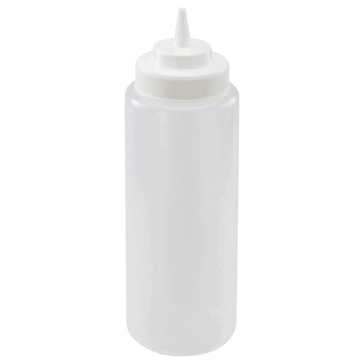 Winco PSW-32 32 oz clear plastic squeeze bottle with white cone tip cap