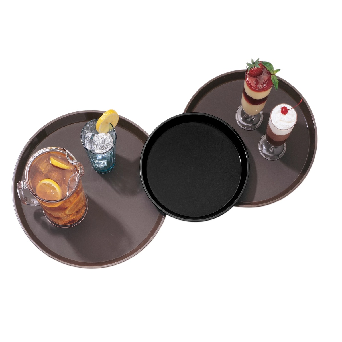 Multiple Cambro Polytread trays in different sizes displayed with drinks and desserts
