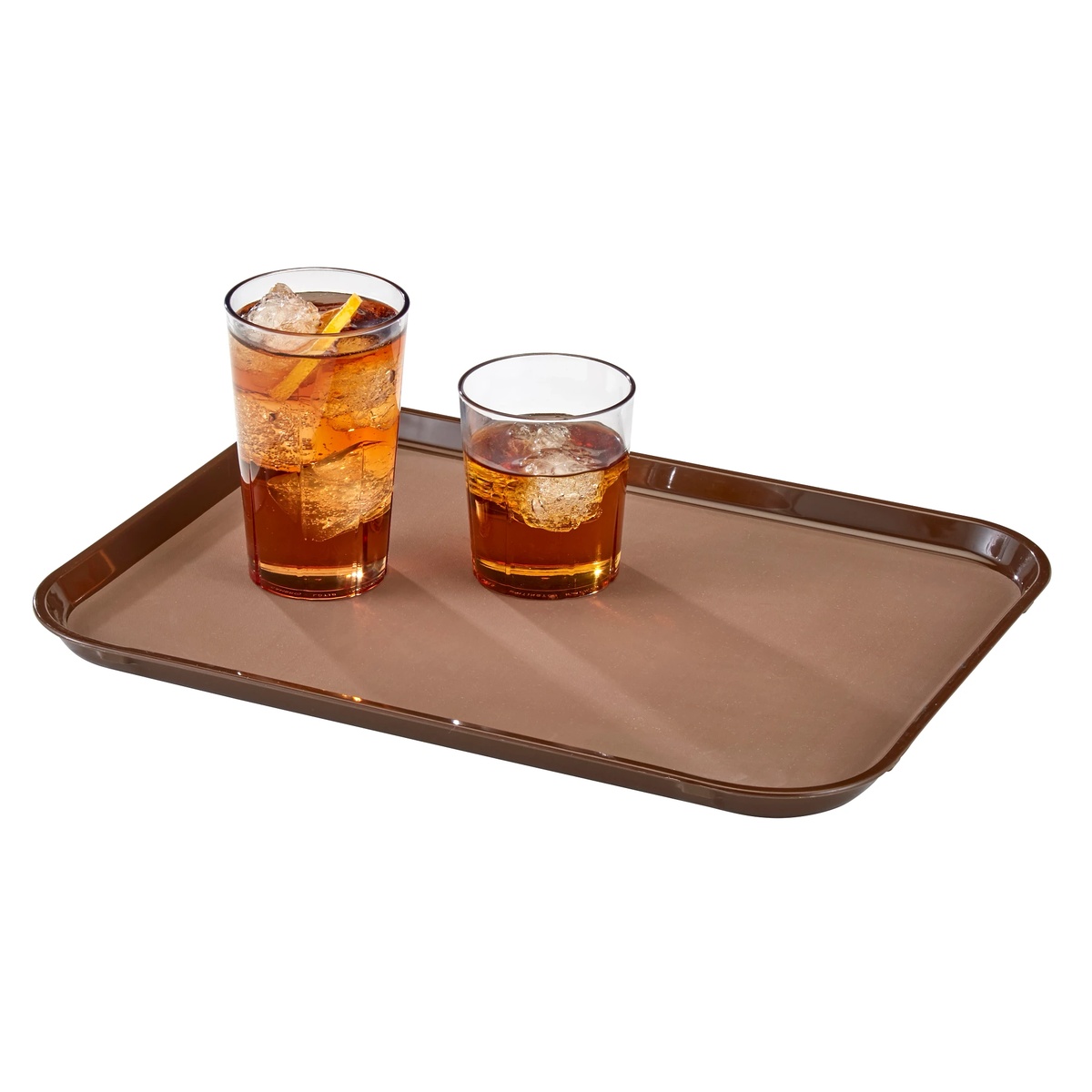 Cambro Polytread brown rectangular tray holding two iced drinks, angled view