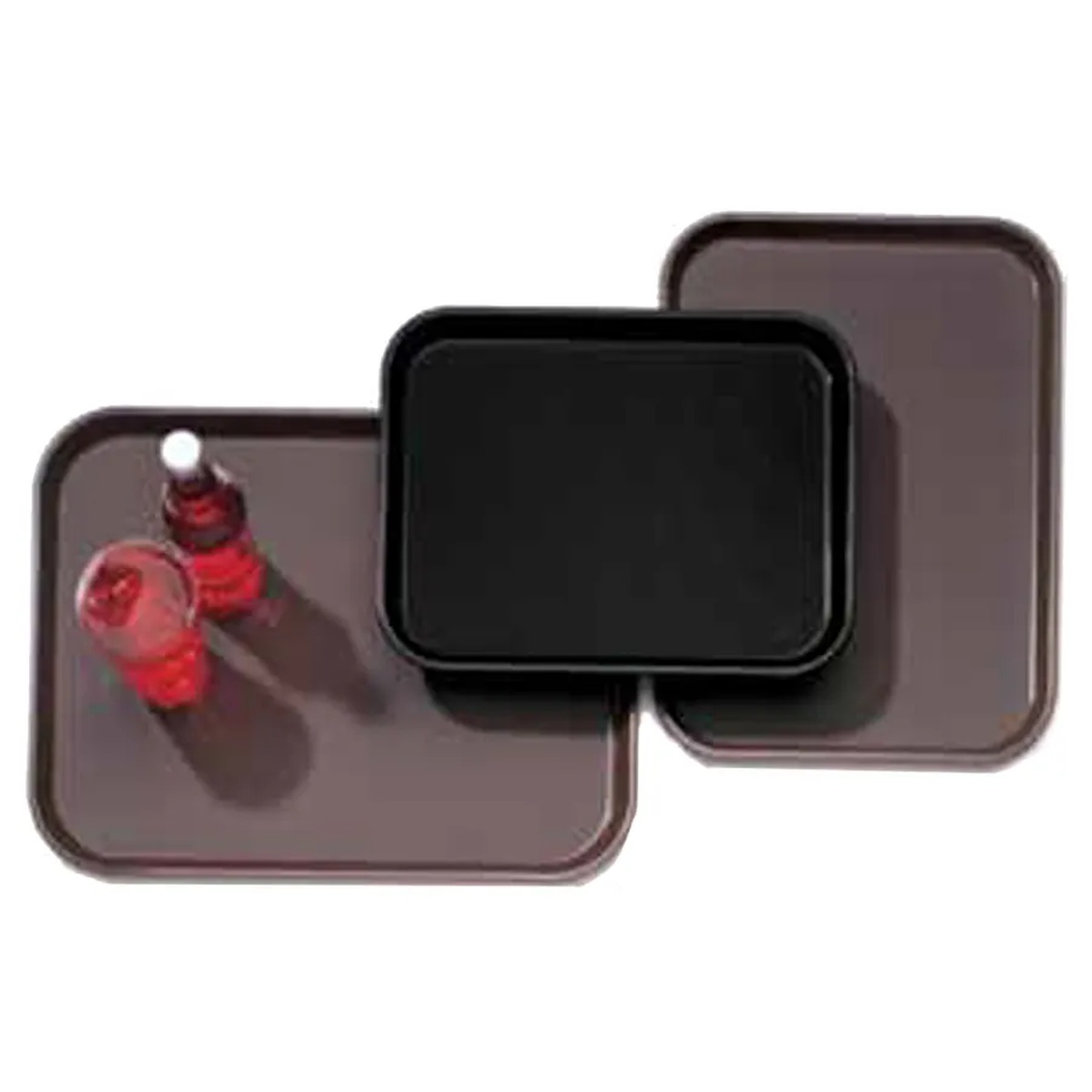 Cambro PT1216110 black rectangular non-skid Polytread serving tray shown with brown tray variants on white background