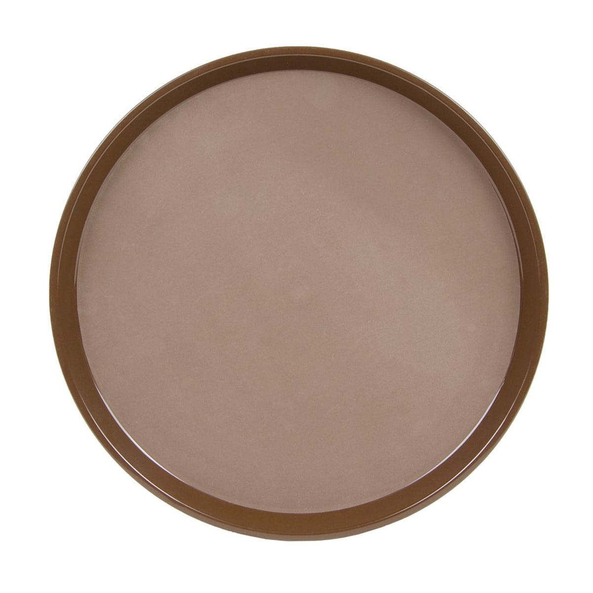 Top-down view of Cambro PT1600167 16-inch round brown Polytread serving tray