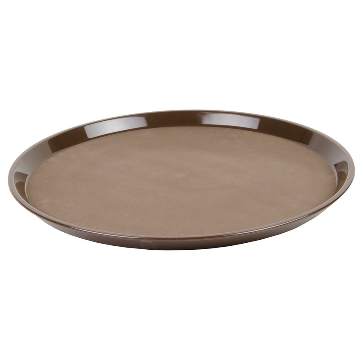Angled side view of Cambro PT1600167 brown round Polytread serving tray showing profile and rim