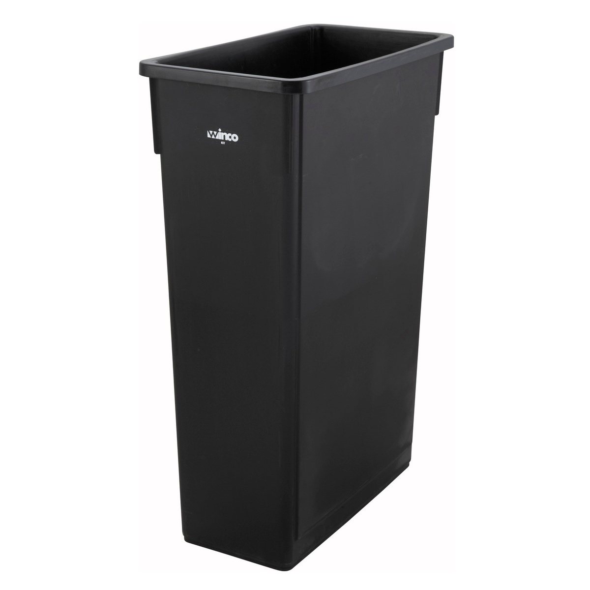 Winco PTC-23K 23-gallon black slender trash can without lid, open top view