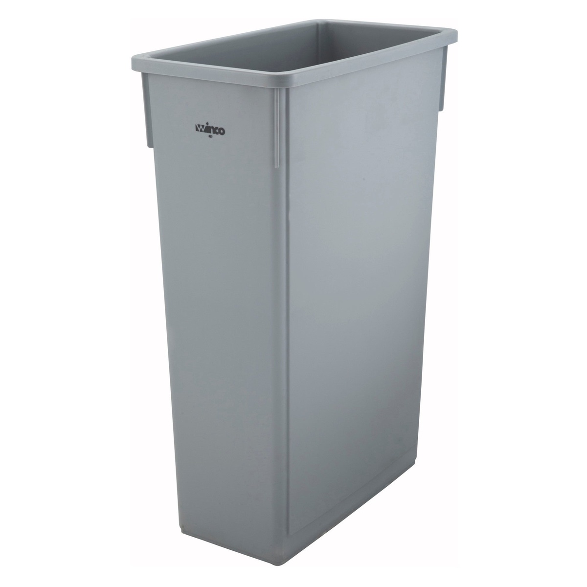 Winco PTC-23SG 23-gallon gray slender trash can without lid, shown from a three-quarter angle