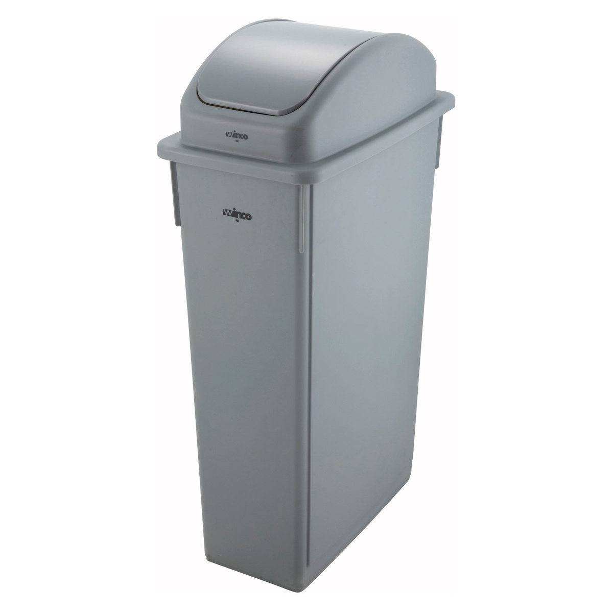 Winco PTCL-23 gray dome lid fitted on a gray 23-gallon slender waste container
